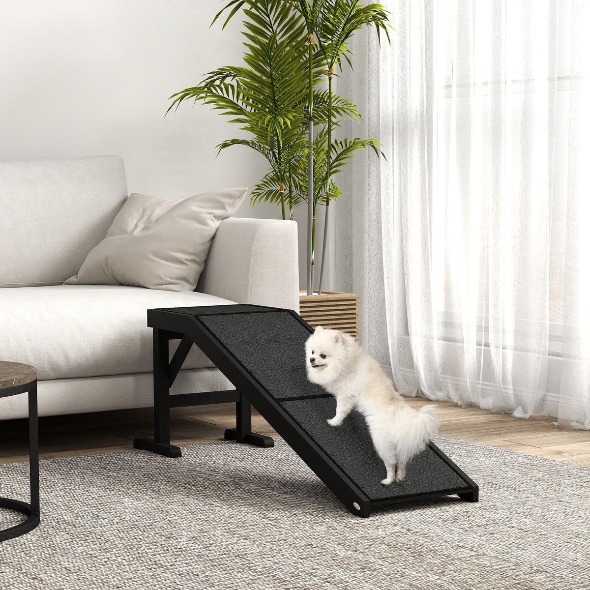 Pet Ramp with Platform - Pine Wood Dog Steps 60"L Black-Dogs-DECOROLALA