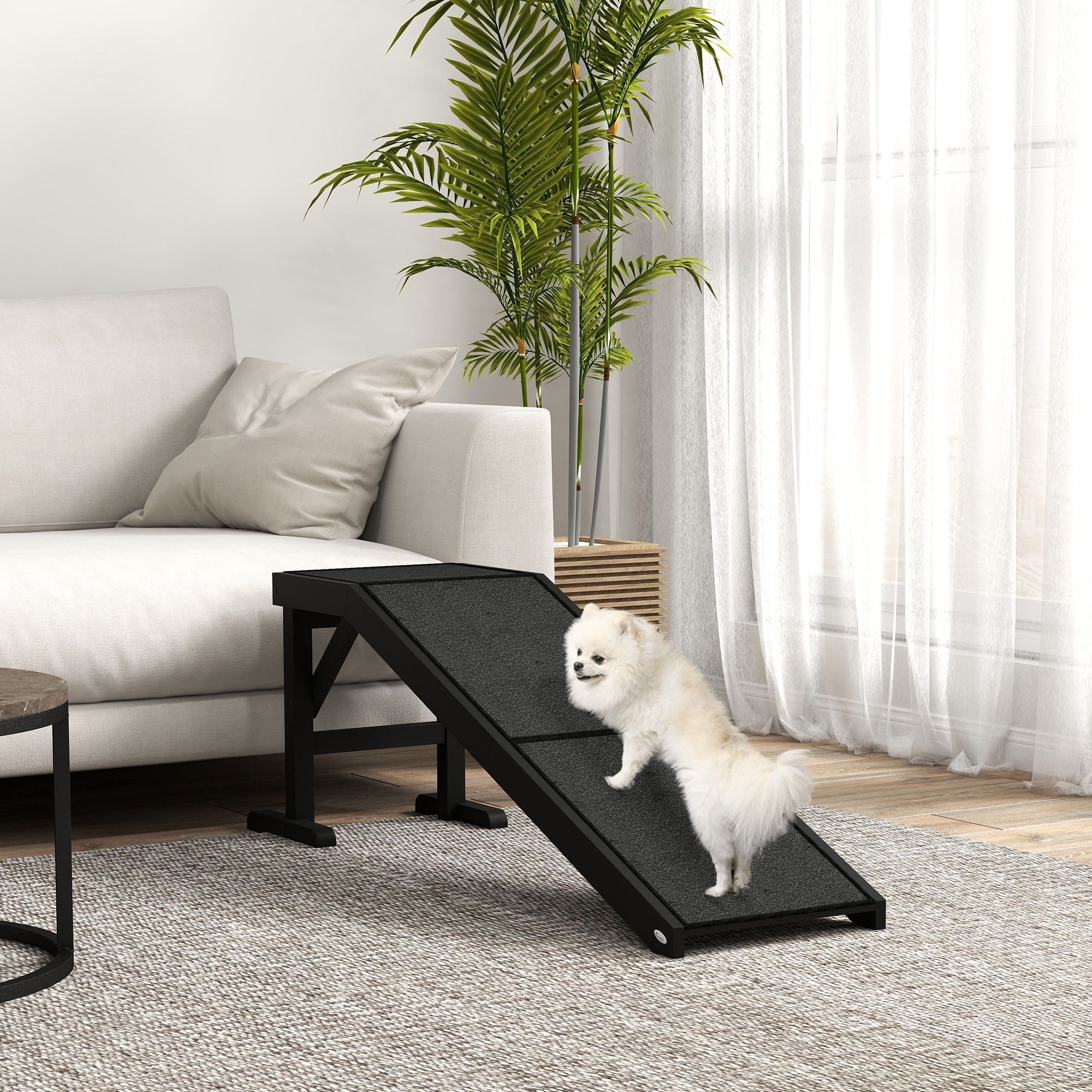Pet Ramp with Platform - Pine Wood Dog Steps 60"L Black-Dogs-DECOROLALA