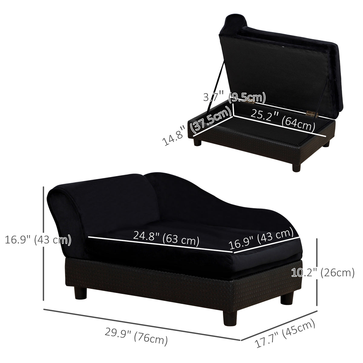Pet Sofa Dog Couch with Storage - Black Plush 30" Small Dog Bed-Dogs-DECOROLALA