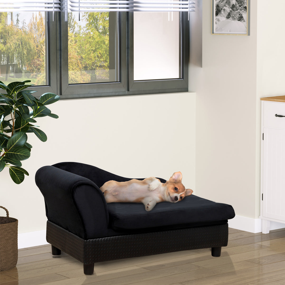 Pet Sofa Dog Couch with Storage - Black Plush 30" Small Dog Bed-Dogs-DECOROLALA