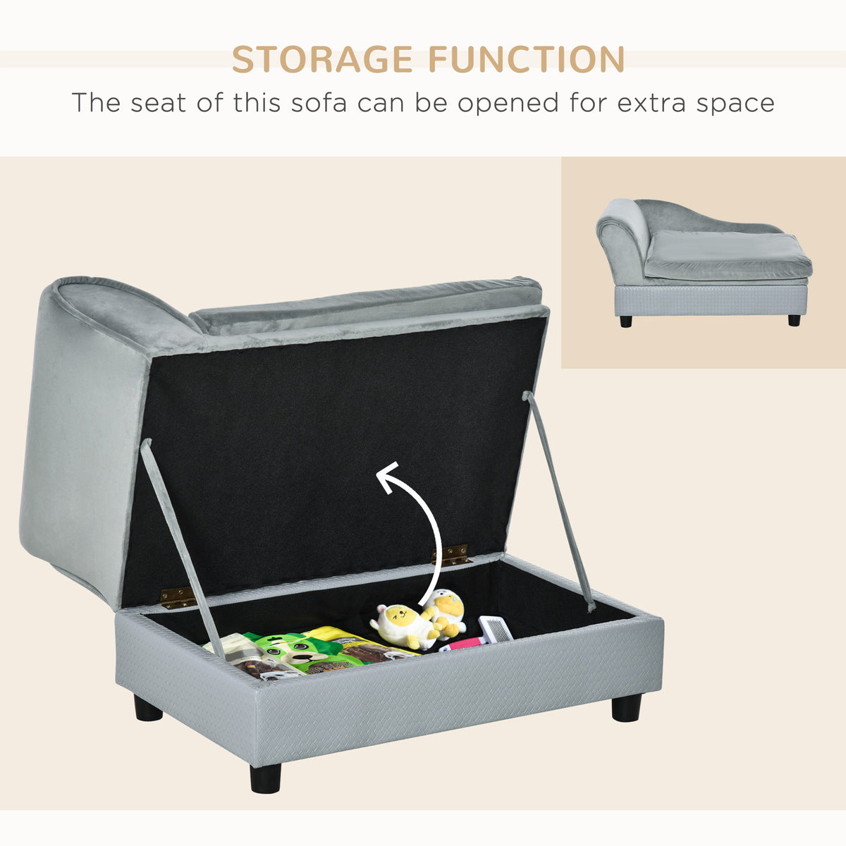 Pet Sofa Dog Couch with Storage - Light Grey Plush 30"-Dogs-DECOROLALA