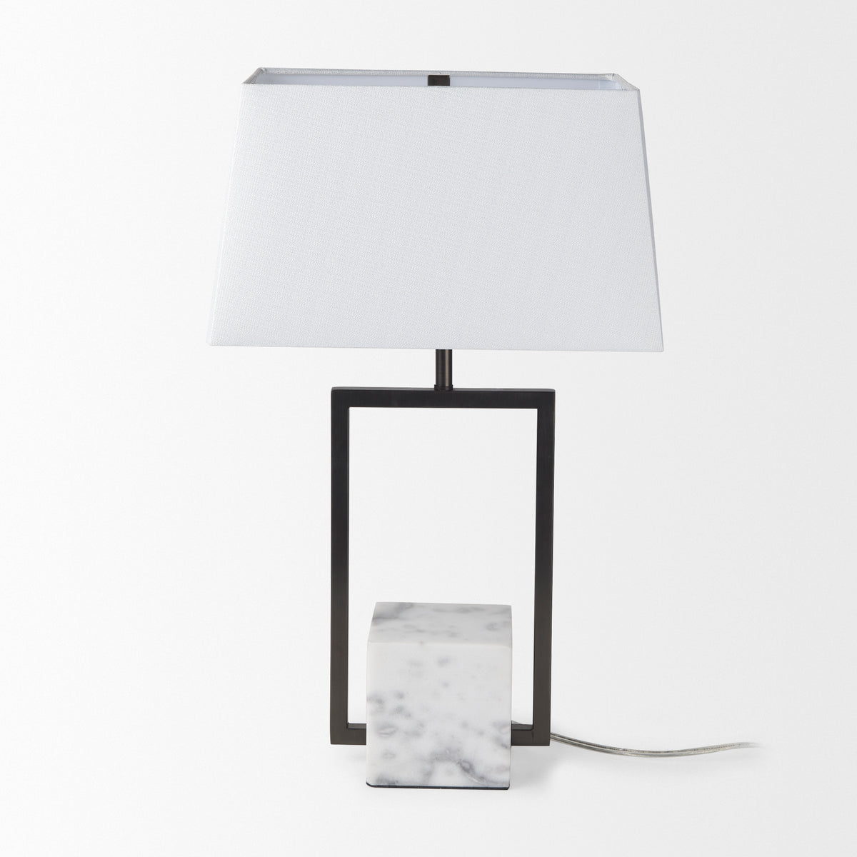 Peyton 14.0L x 9.0W x 26.2H Black Metal W/Marble Cube and White Shade Table Lamp-Table Lamps-DECOROLALA