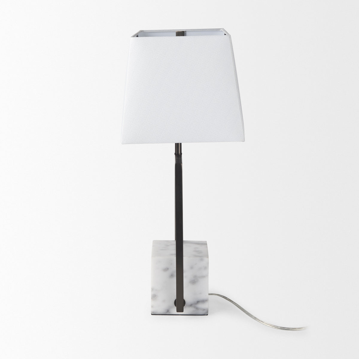 Peyton 14.0L x 9.0W x 26.2H Black Metal W/Marble Cube and White Shade Table Lamp-Table Lamps-DECOROLALA