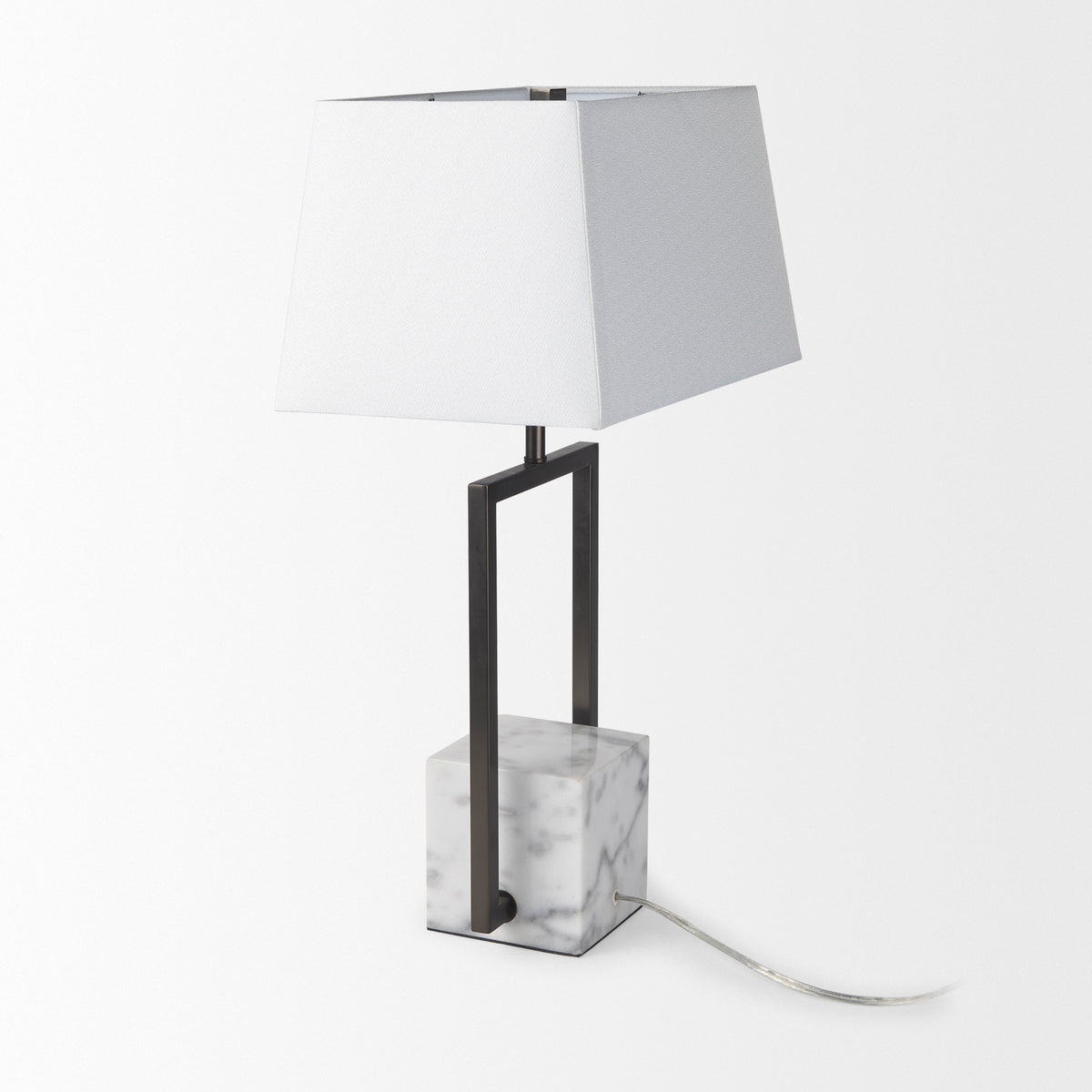 Peyton 14.0L x 9.0W x 26.2H Black Metal W/Marble Cube and White Shade Table Lamp-Table Lamps-DECOROLALA