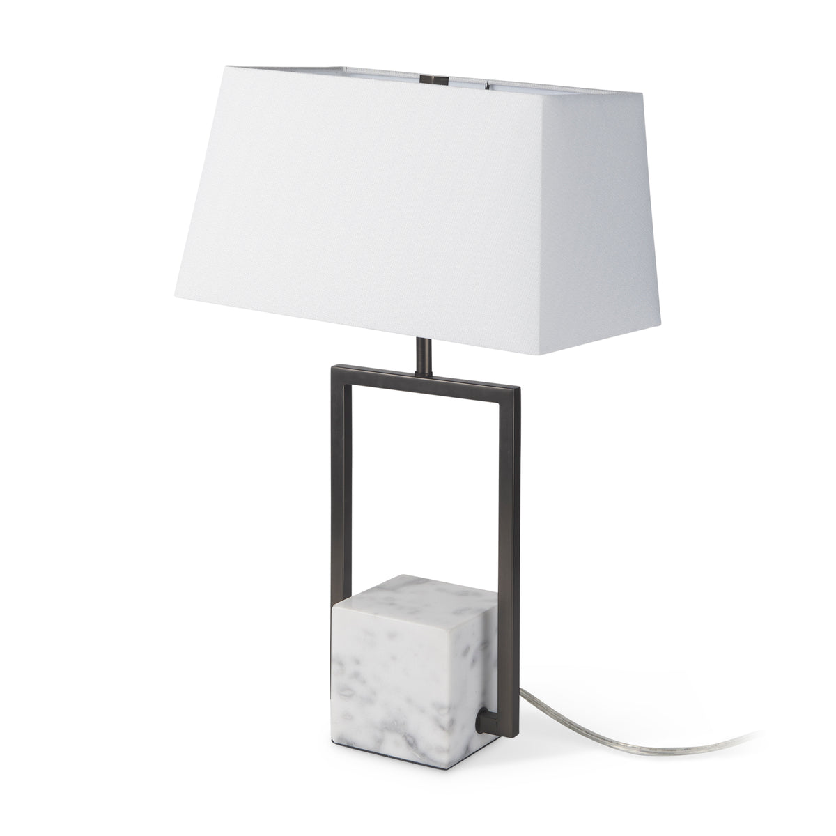 Peyton 14.0L x 9.0W x 26.2H Black Metal W/Marble Cube and White Shade Table Lamp-Table Lamps-DECOROLALA