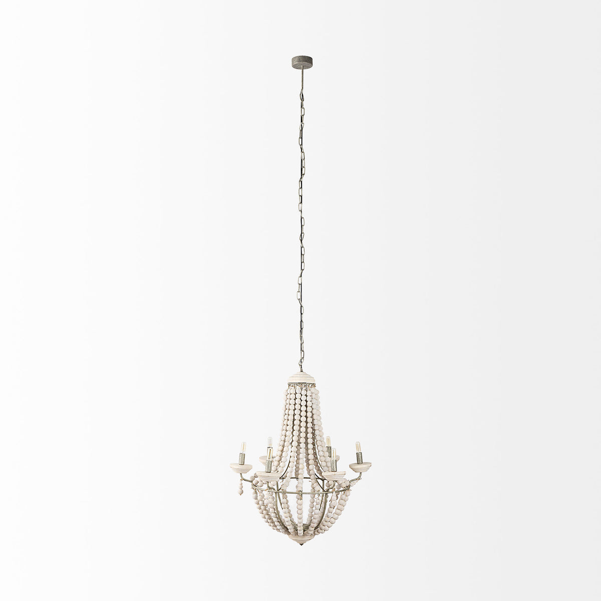 Phillum (29"x37") Silver Metal Chassis and White Wood Beaded Six Bulb Chandelier-Chandeliers-DECOROLALA