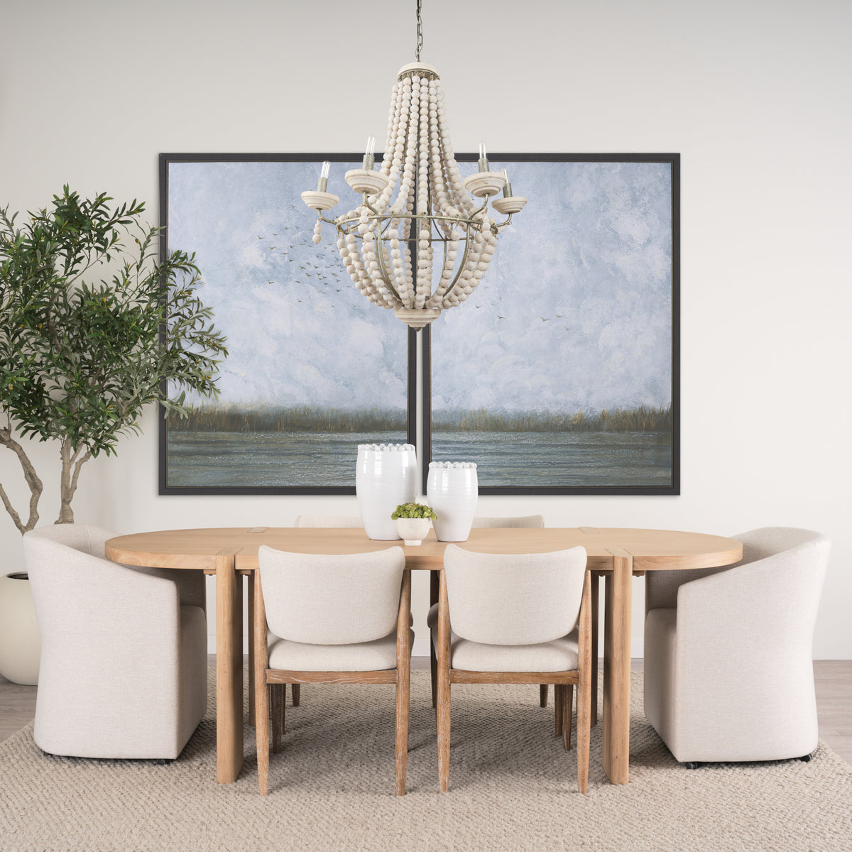 Phillum (29"x37") Silver Metal Chassis and White Wood Beaded Six Bulb Chandelier-Chandeliers-DECOROLALA