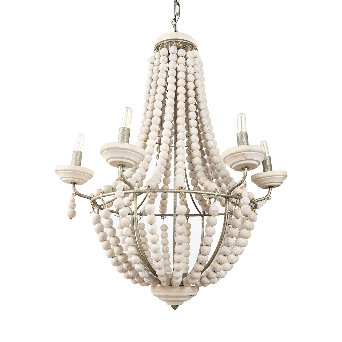 Phillum Silver Metal and White Wood Beaded Chandelier-Chandeliers-DECOROLALA