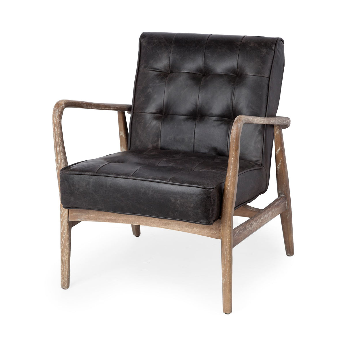 Phineas Black Leather W/ Brown Wooden Frame Accent Chair-Accent Chairs-DECOROLALA