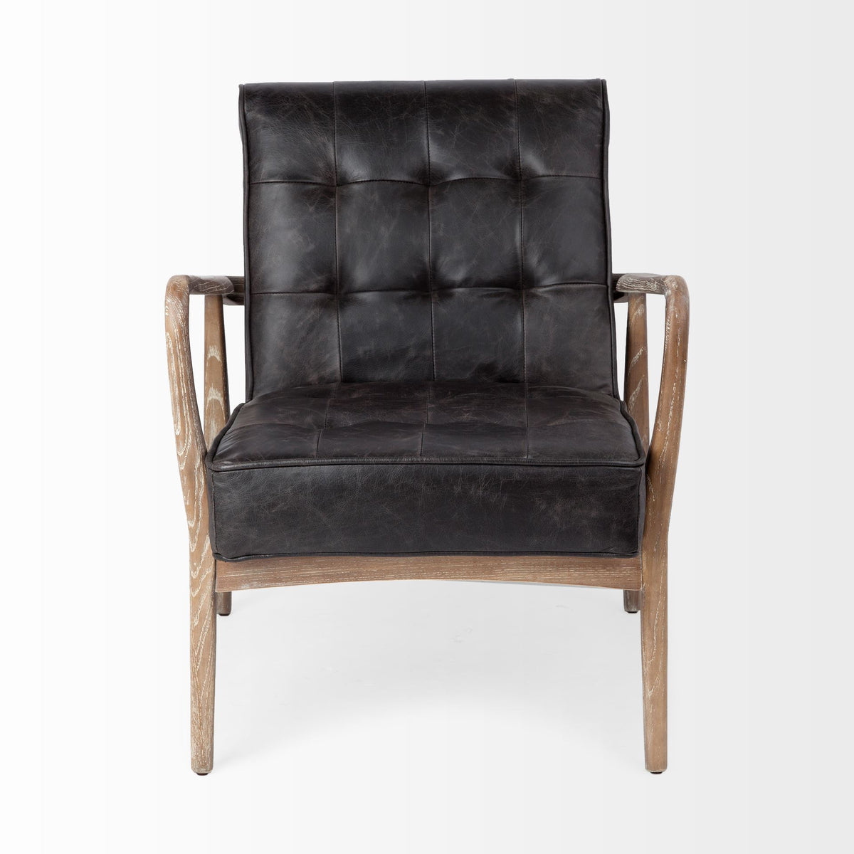 Phineas Black Leather W/ Brown Wooden Frame Accent Chair-Accent Chairs-DECOROLALA