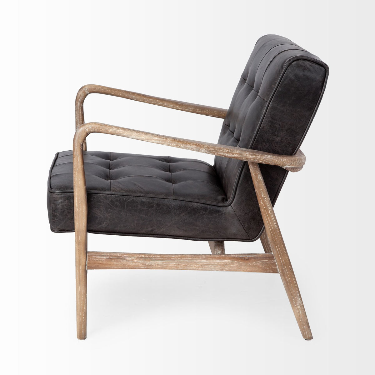Phineas Black Leather W/ Brown Wooden Frame Accent Chair-Accent Chairs-DECOROLALA