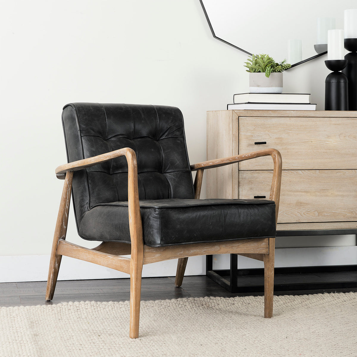 Phineas Black Leather W/ Brown Wooden Frame Accent Chair-Accent Chairs-DECOROLALA