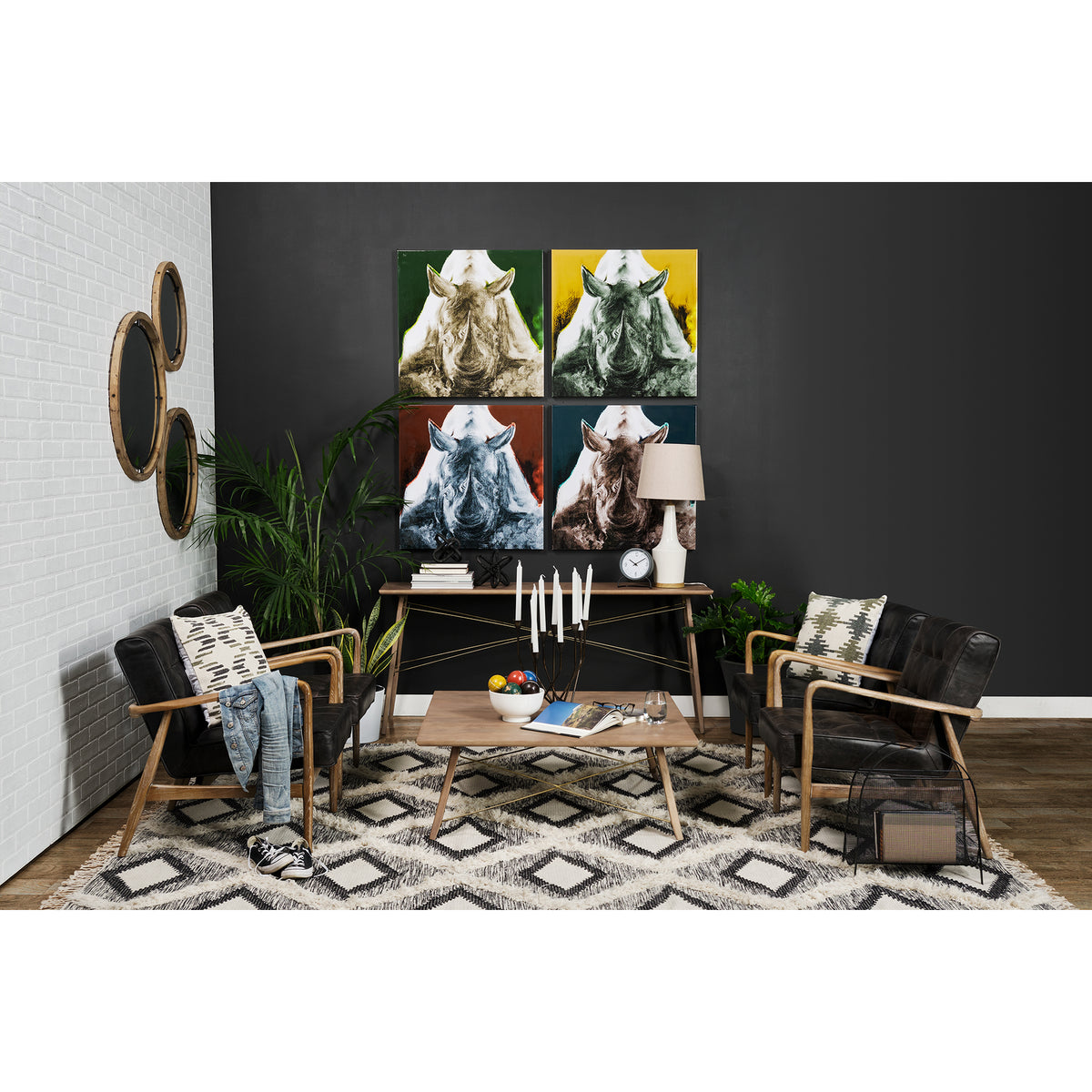 Phineas Black Leather W/ Brown Wooden Frame Accent Chair-Accent Chairs-DECOROLALA