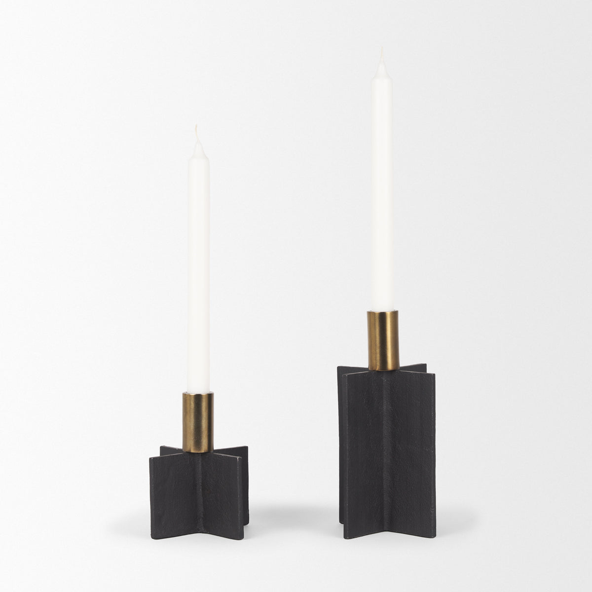 Pia Matte Black w/ Brushed Gold Metal Taper Candleholder (Set of 2)-Table Candle Holders-DECOROLALA