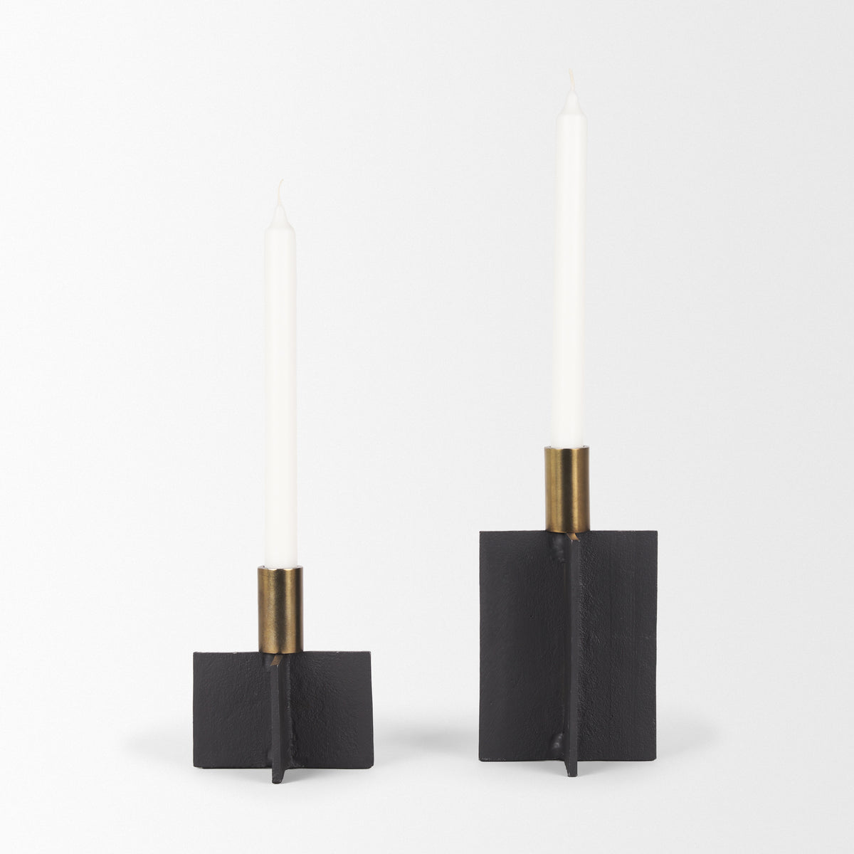 Pia Matte Black w/ Brushed Gold Metal Taper Candleholder (Set of 2)-Table Candle Holders-DECOROLALA