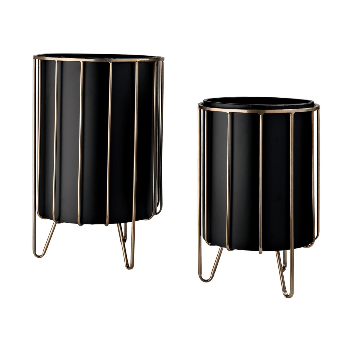 Pianta 13 x 21 Set of Two Black Metal Insert Brass Frame Plant Stands-Plant & Magazine Racks-DECOROLALA