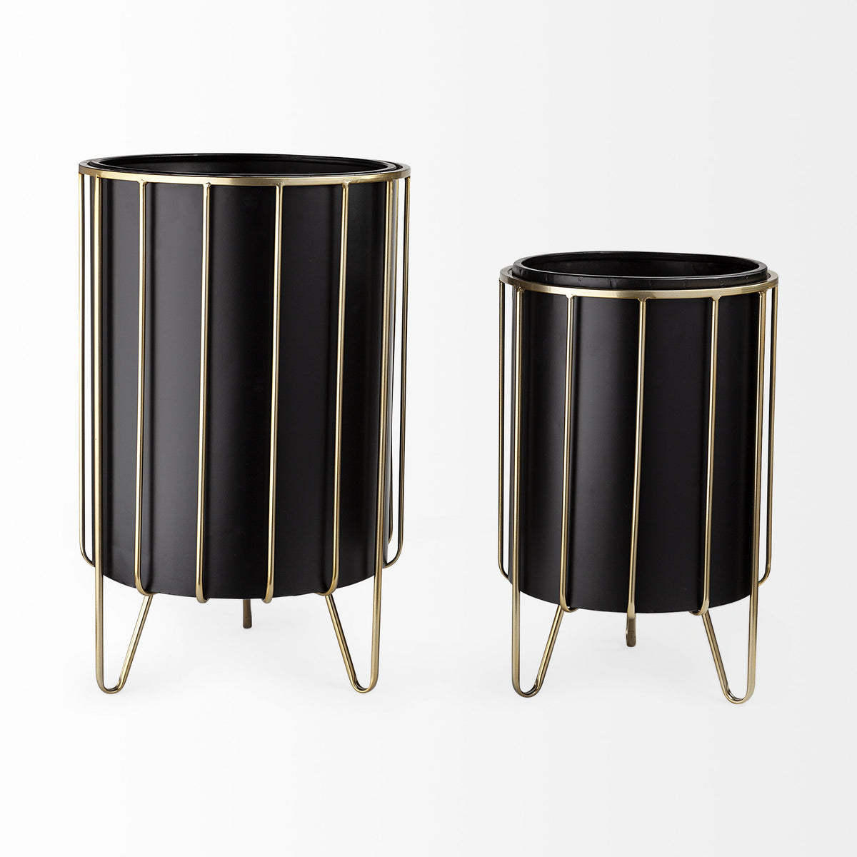 Pianta 13 x 21 Set of Two Black Metal Insert Brass Frame Plant Stands-Plant & Magazine Racks-DECOROLALA