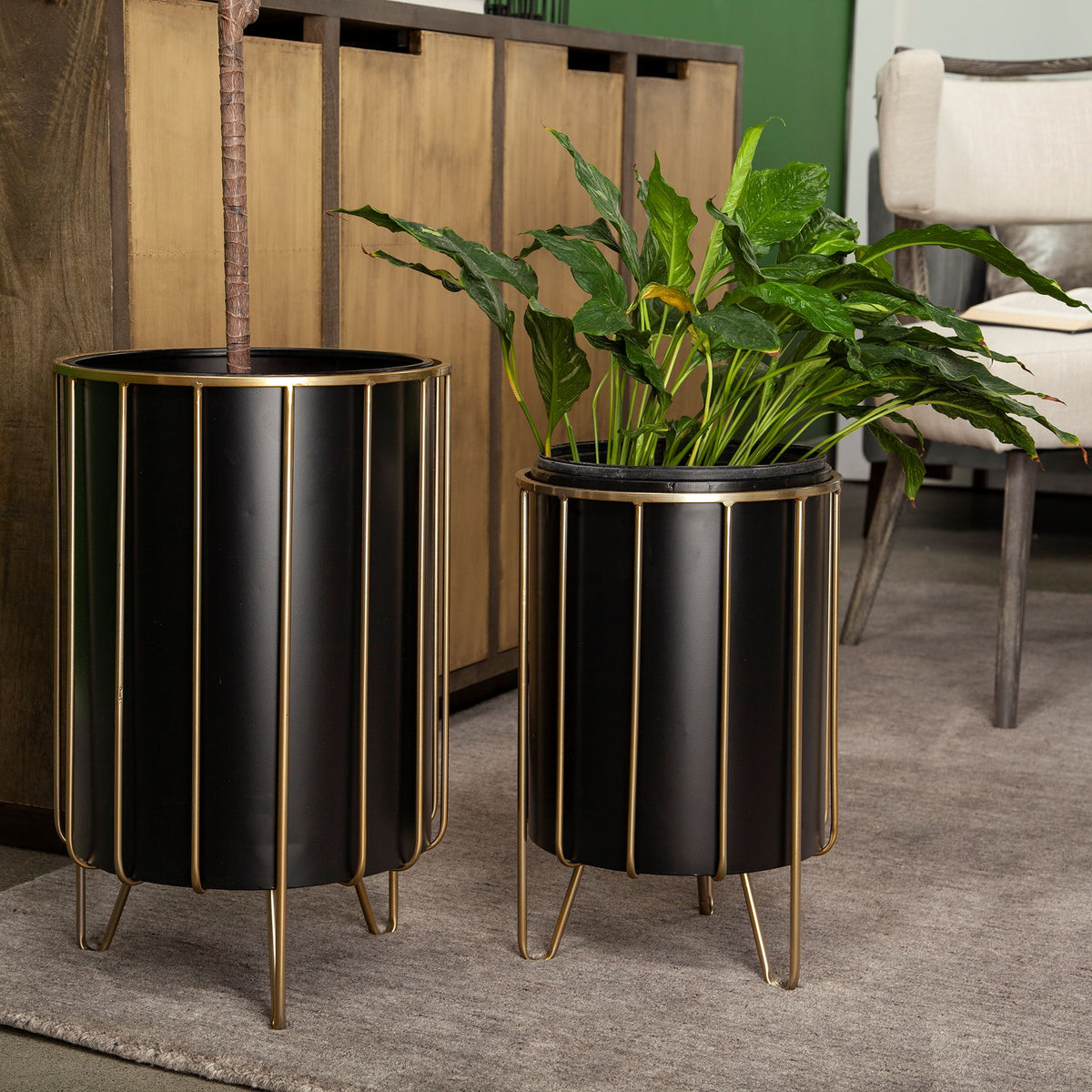 Pianta 13 x 21 Set of Two Black Metal Insert Brass Frame Plant Stands-Plant & Magazine Racks-DECOROLALA