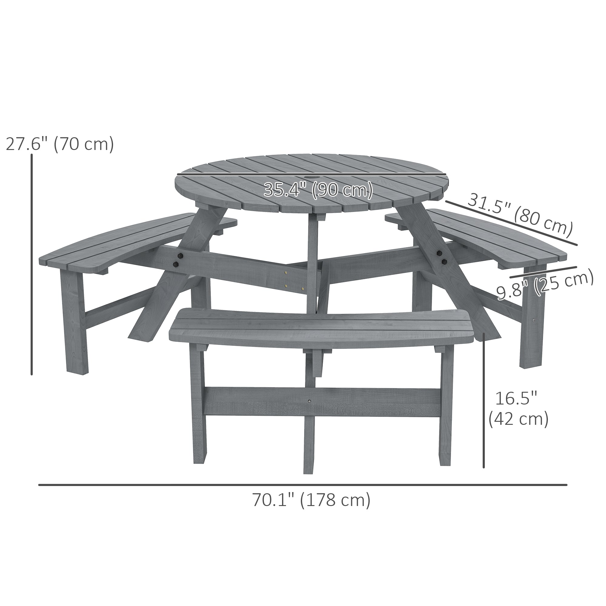 Picnic Table Bench Set 6-Person, Grey Wood Patio Table with Built-in Benches & Umbrella Hole-DECOROLALA