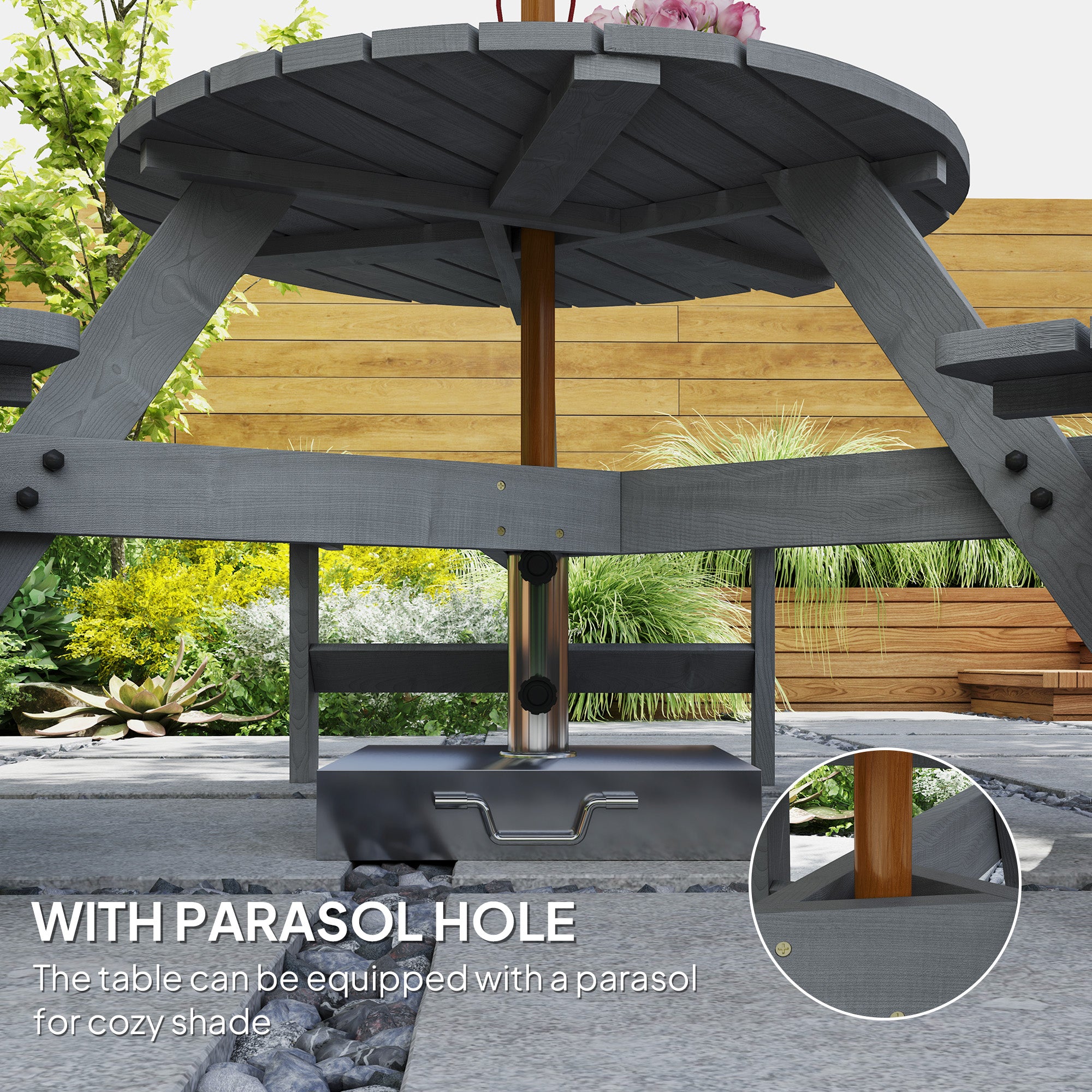 Picnic Table Bench Set 6-Person, Grey Wood Patio Table with Built-in Benches & Umbrella Hole-DECOROLALA