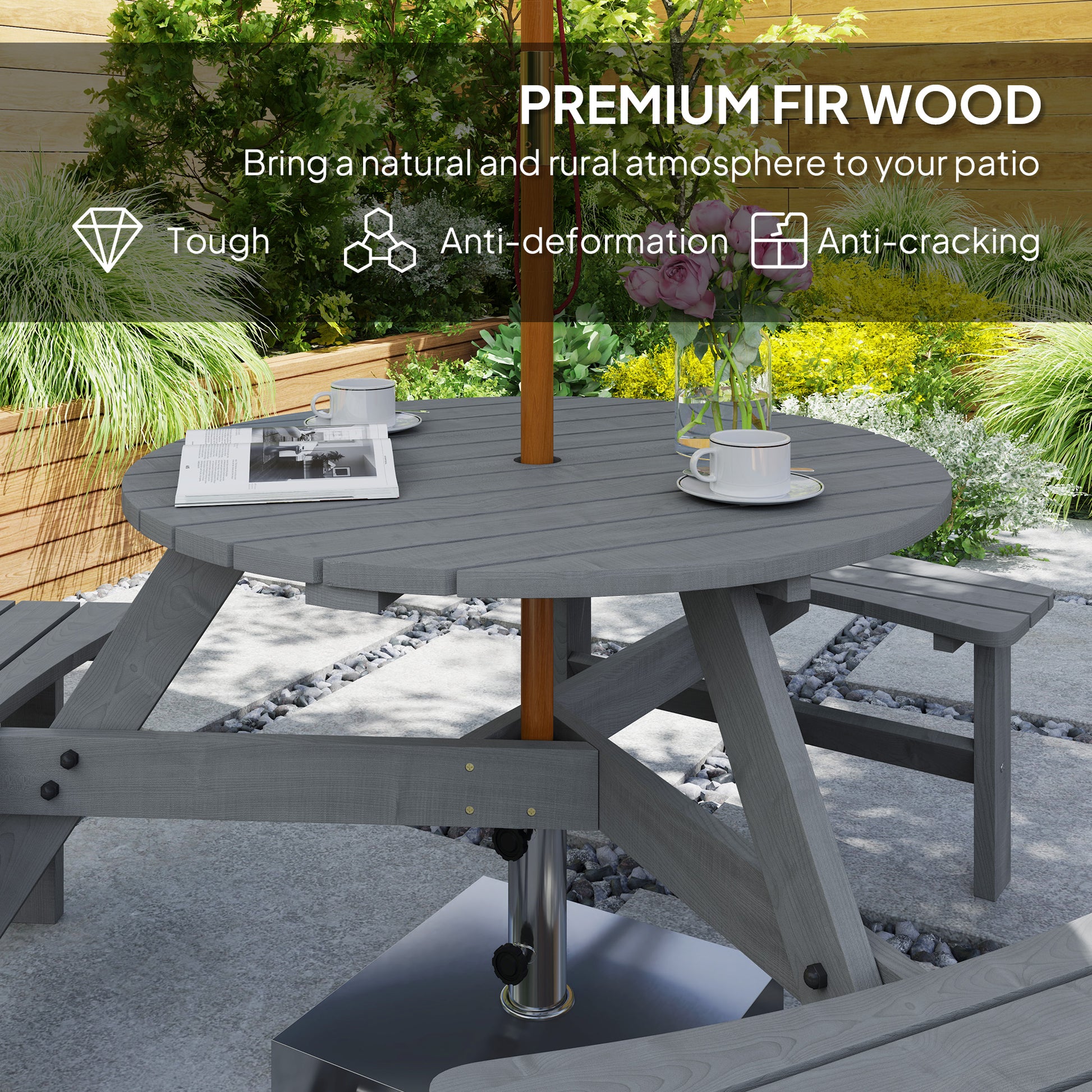 Picnic Table Bench Set 6-Person, Grey Wood Patio Table with Built-in Benches & Umbrella Hole-DECOROLALA