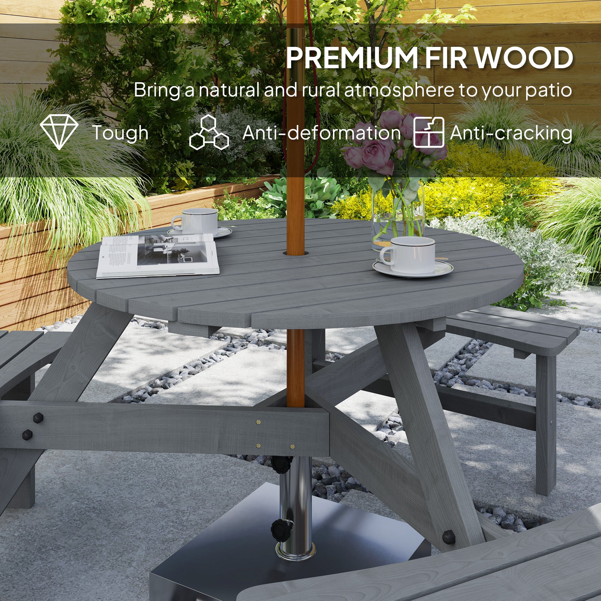 Picnic Table Bench Set 6-Person, Grey Wood Patio Table with Built-in Benches & Umbrella Hole-DECOROLALA