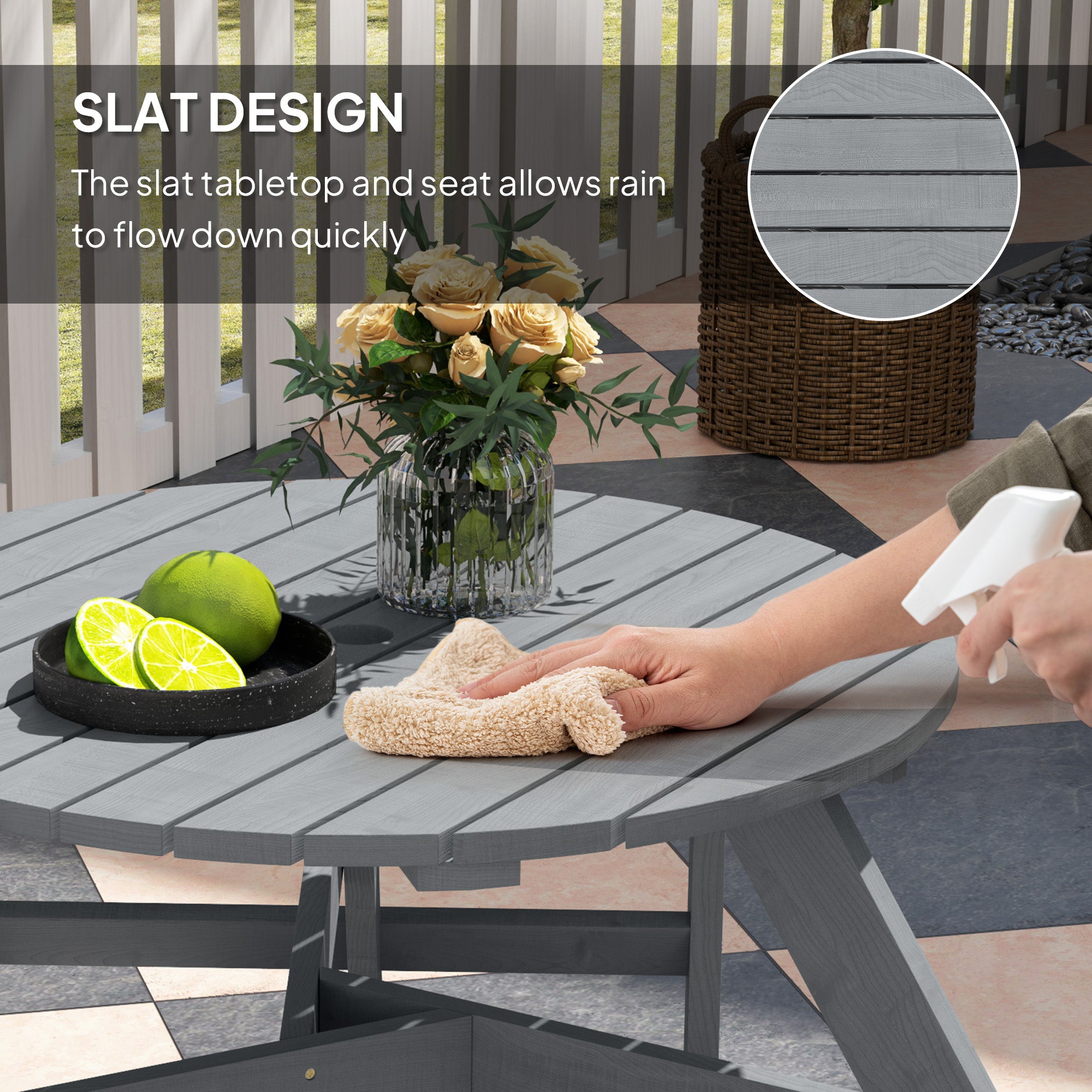 Picnic Table Bench Set 6-Person, Grey Wood Patio Table with Built-in Benches & Umbrella Hole-DECOROLALA