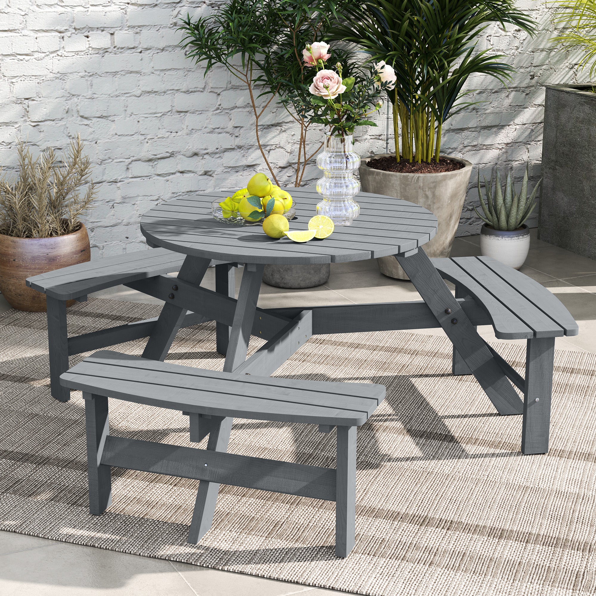Picnic Table Bench Set 6-Person, Grey Wood Patio Table with Built-in Benches & Umbrella Hole-DECOROLALA