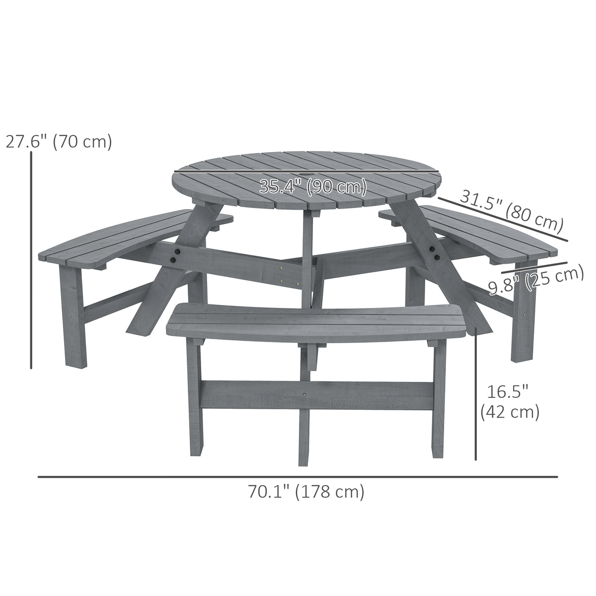 Picnic Table Bench Set 6-Person, Grey Wood Patio Table with Built-in Benches & Umbrella Hole-Outdoor Benches-DECOROLALA