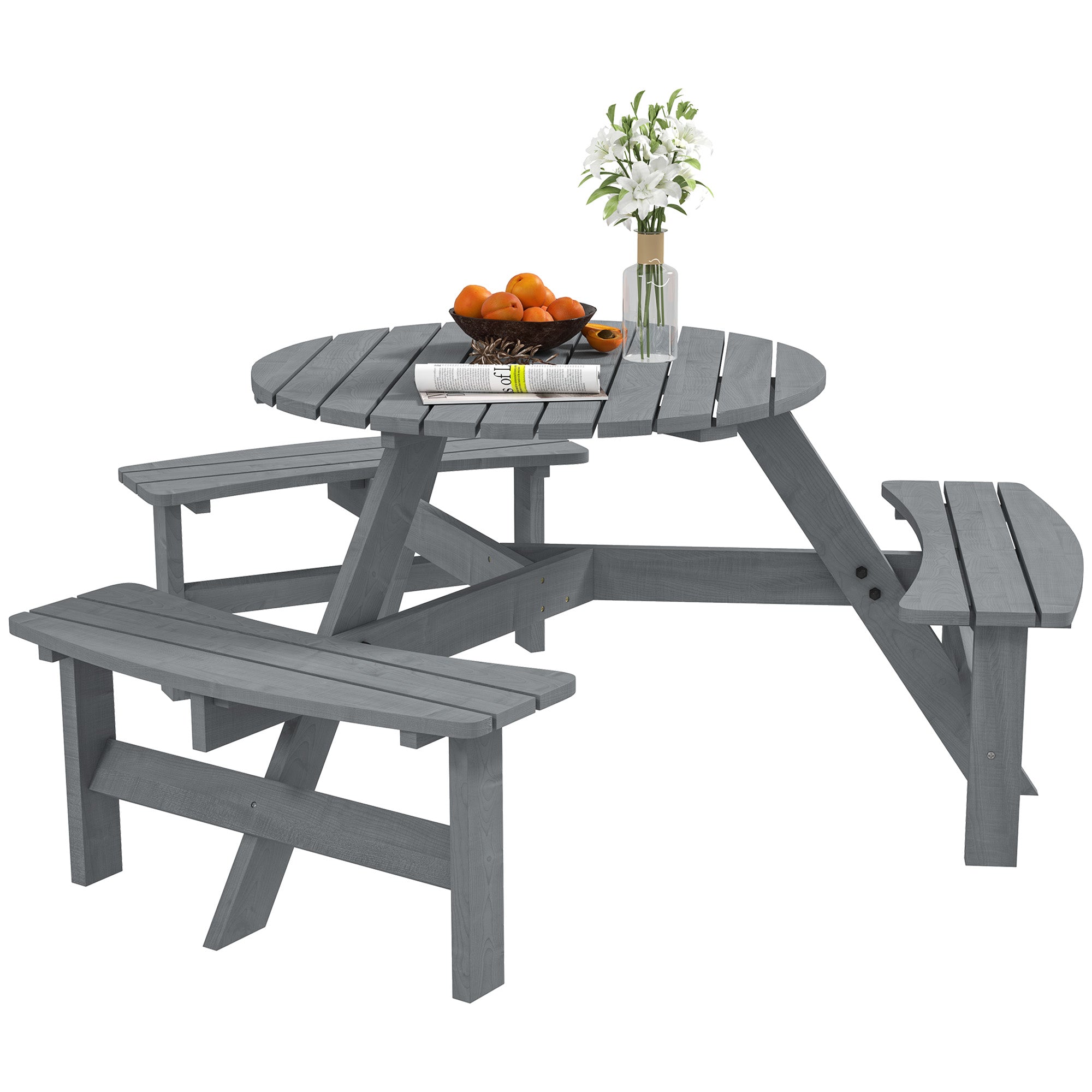 Picnic Table Bench Set 6-Person, Grey Wood Patio Table with Built-in Benches & Umbrella Hole-DECOROLALA
