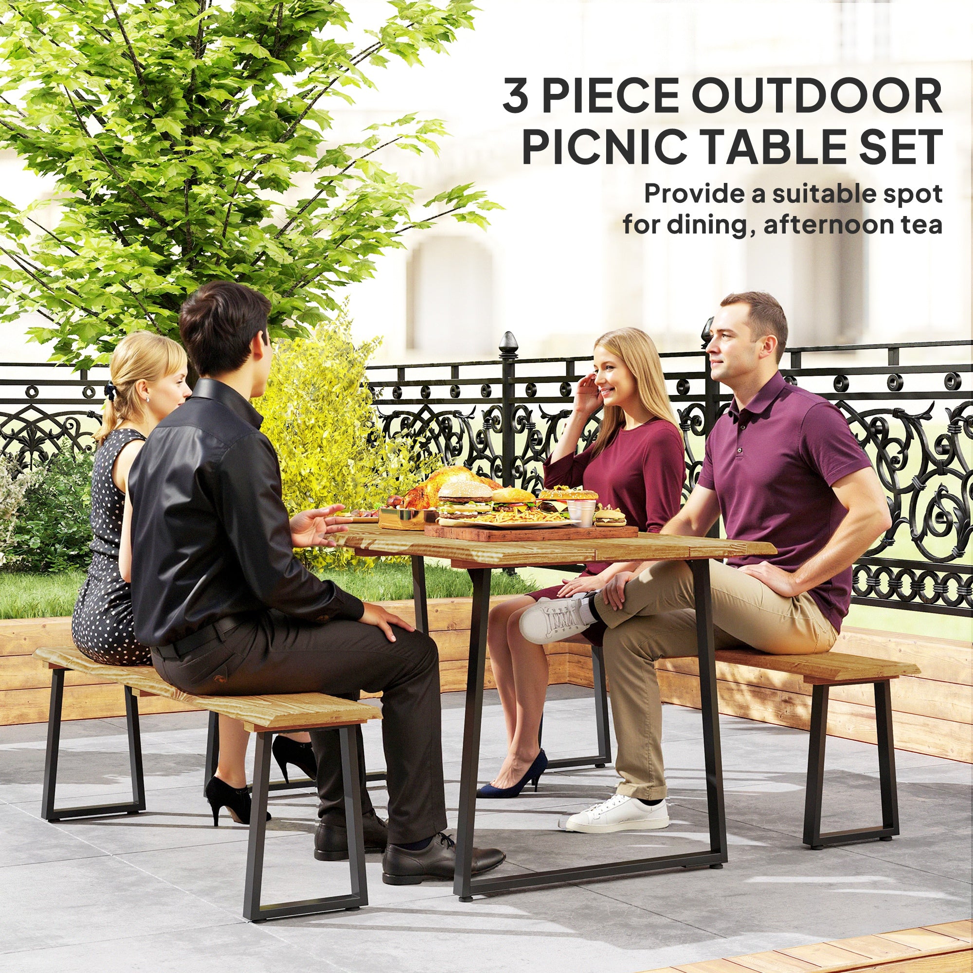 Picnic Table Set for 6 - Brown Wood Steel-DECOROLALA