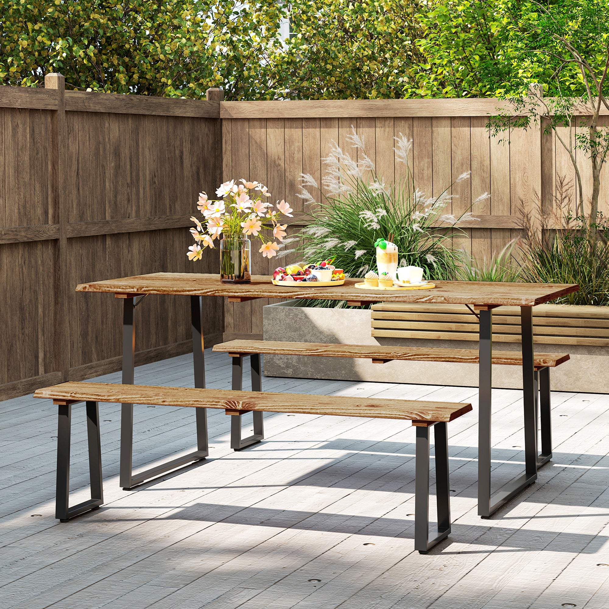 Picnic Table Set for 6 - Brown Wood Steel-DECOROLALA
