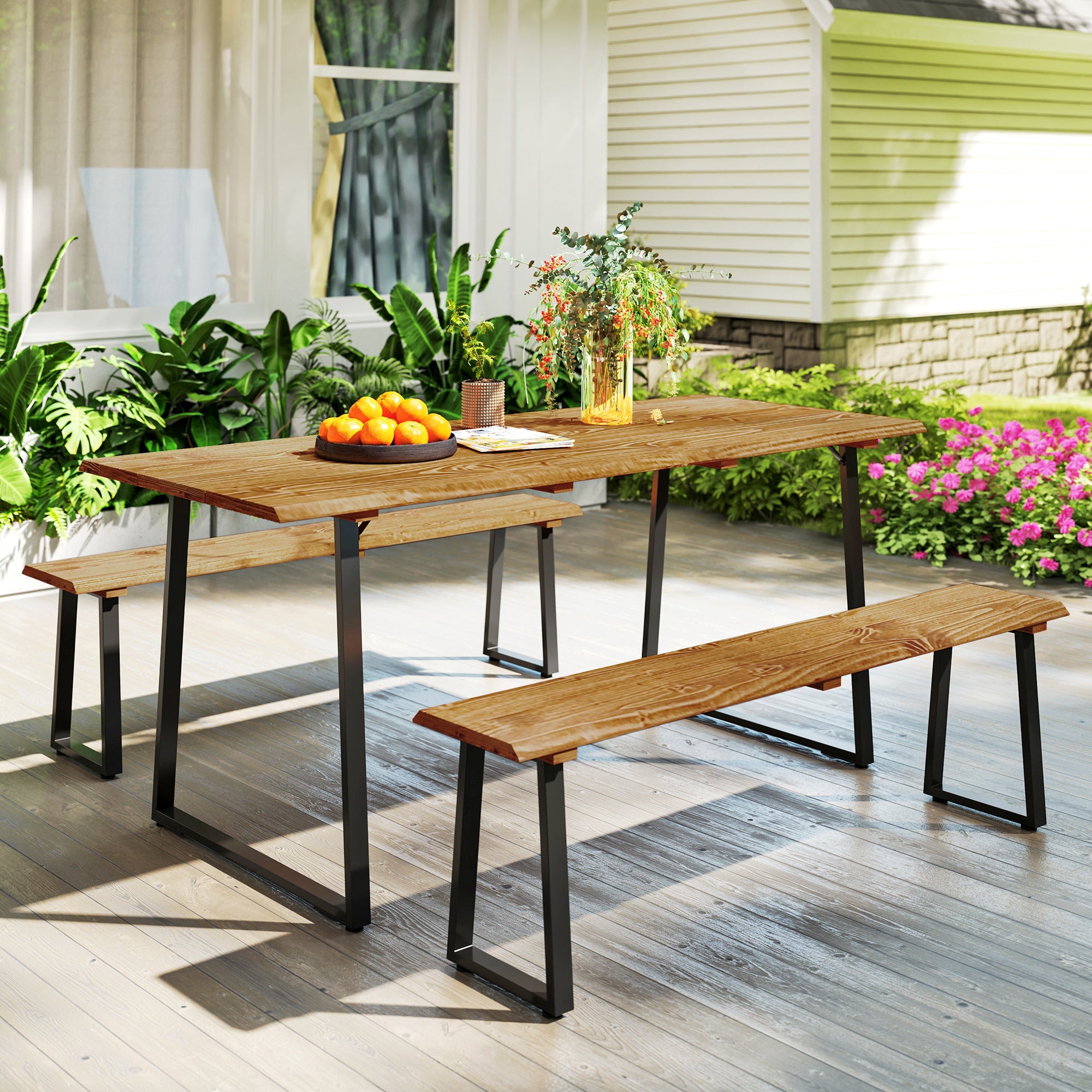 Picnic Table Set for 6 - Brown Wood Steel-DECOROLALA