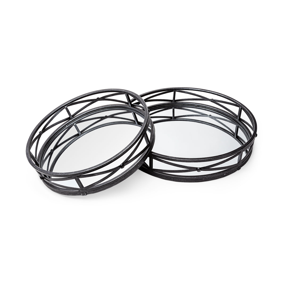 Piers (Set of 2) Black Metal Mirrored Round Trays-Trays-DECOROLALA