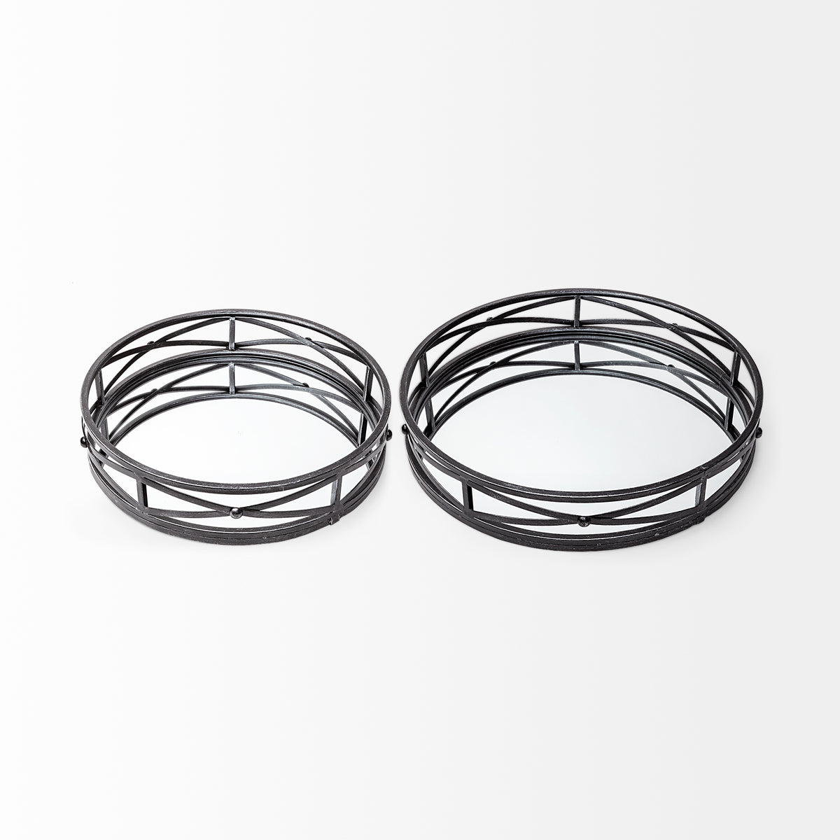 Piers (Set of 2) Black Metal Mirrored Round Trays-Trays-DECOROLALA