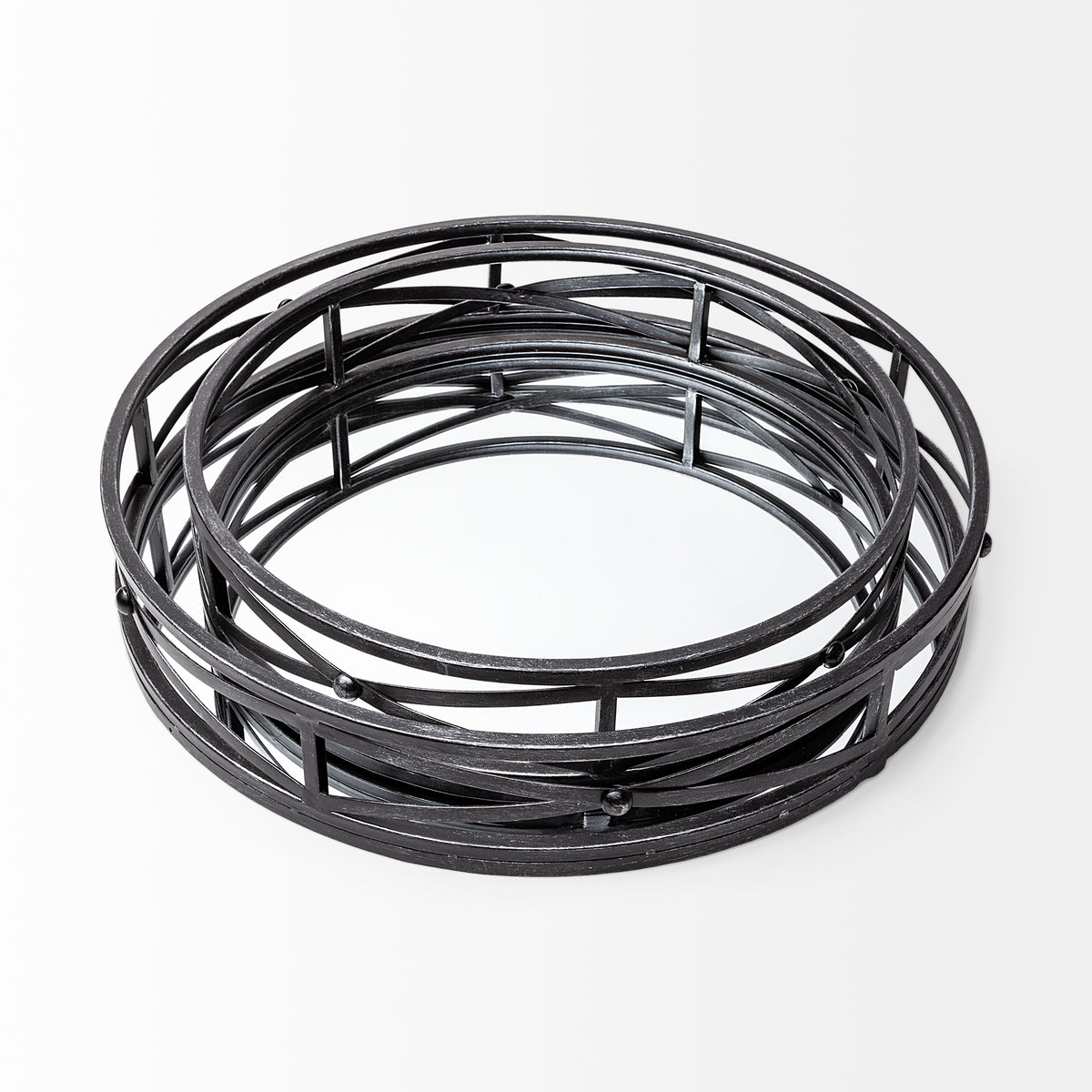 Piers (Set of 2) Black Metal Mirrored Round Trays-Trays-DECOROLALA