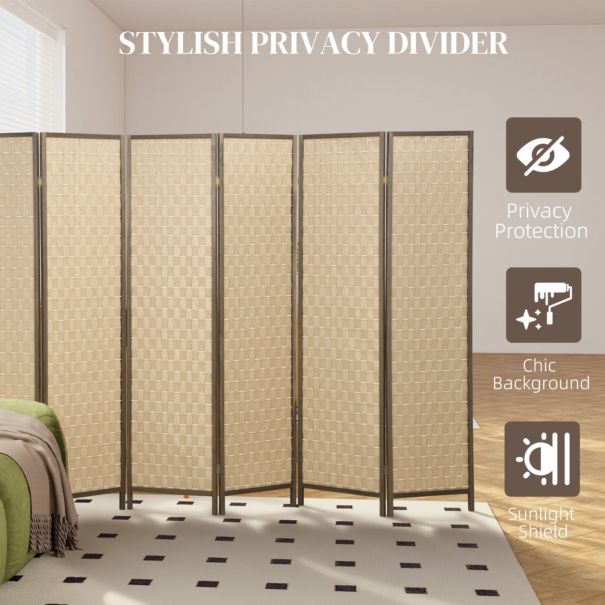 6 FT Room Divider, 6 Panel Folding Privacy Screen, Lightweight Handwoven Freestanding Partition for Home Office, Brown