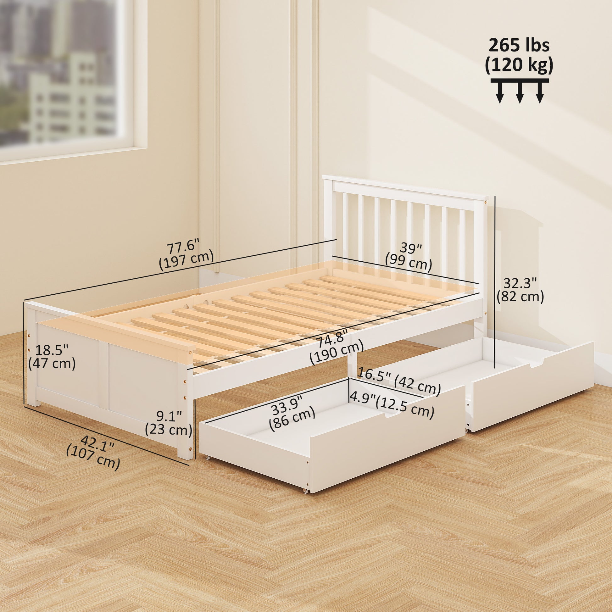 Pine Twin Bed Frame, Storage, No Spring, White, Easy Assembly, Wood Slats-DECOROLALA