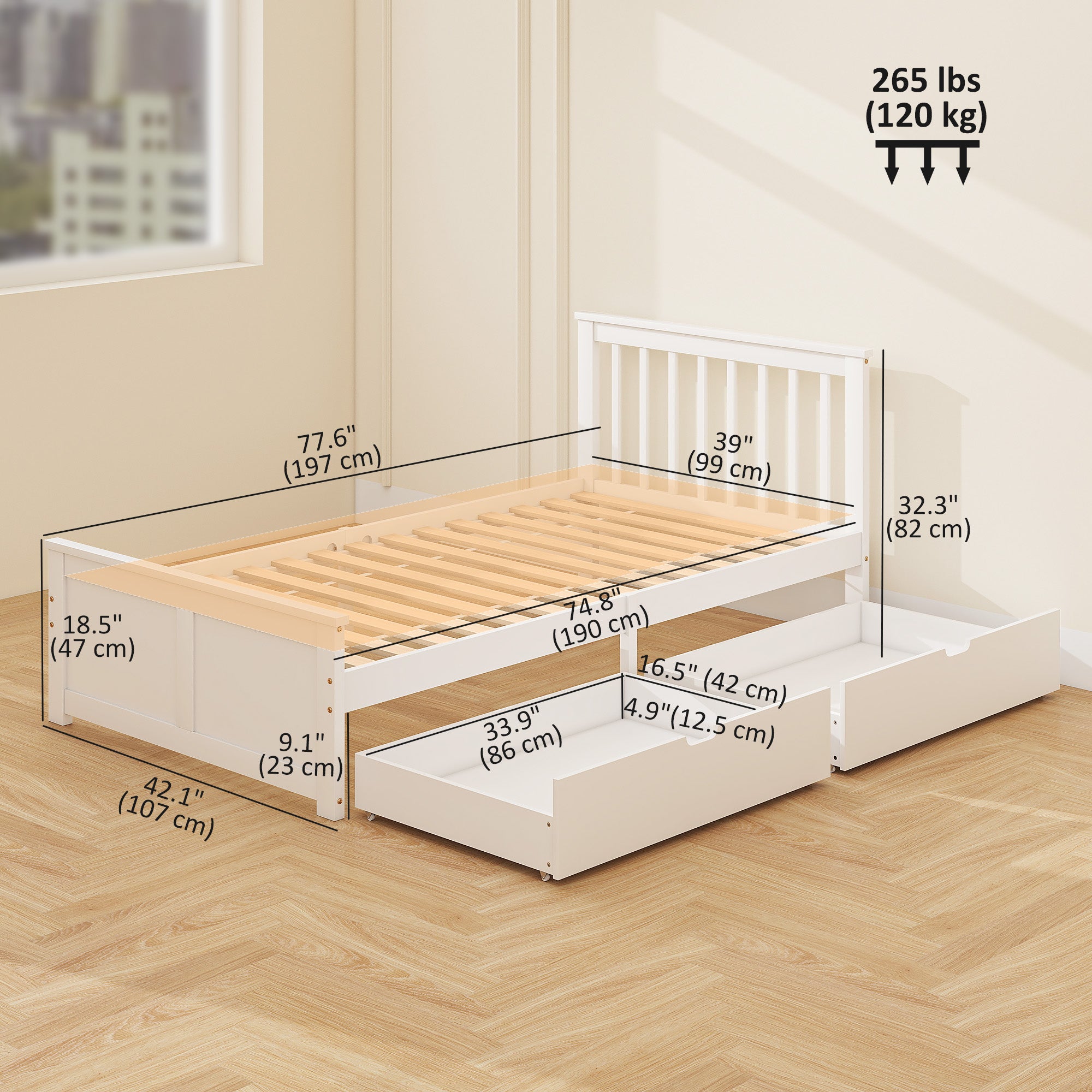 Pine Twin Bed Frame, Storage, No Spring, White, Easy Assembly, Wood Slats-DECOROLALA