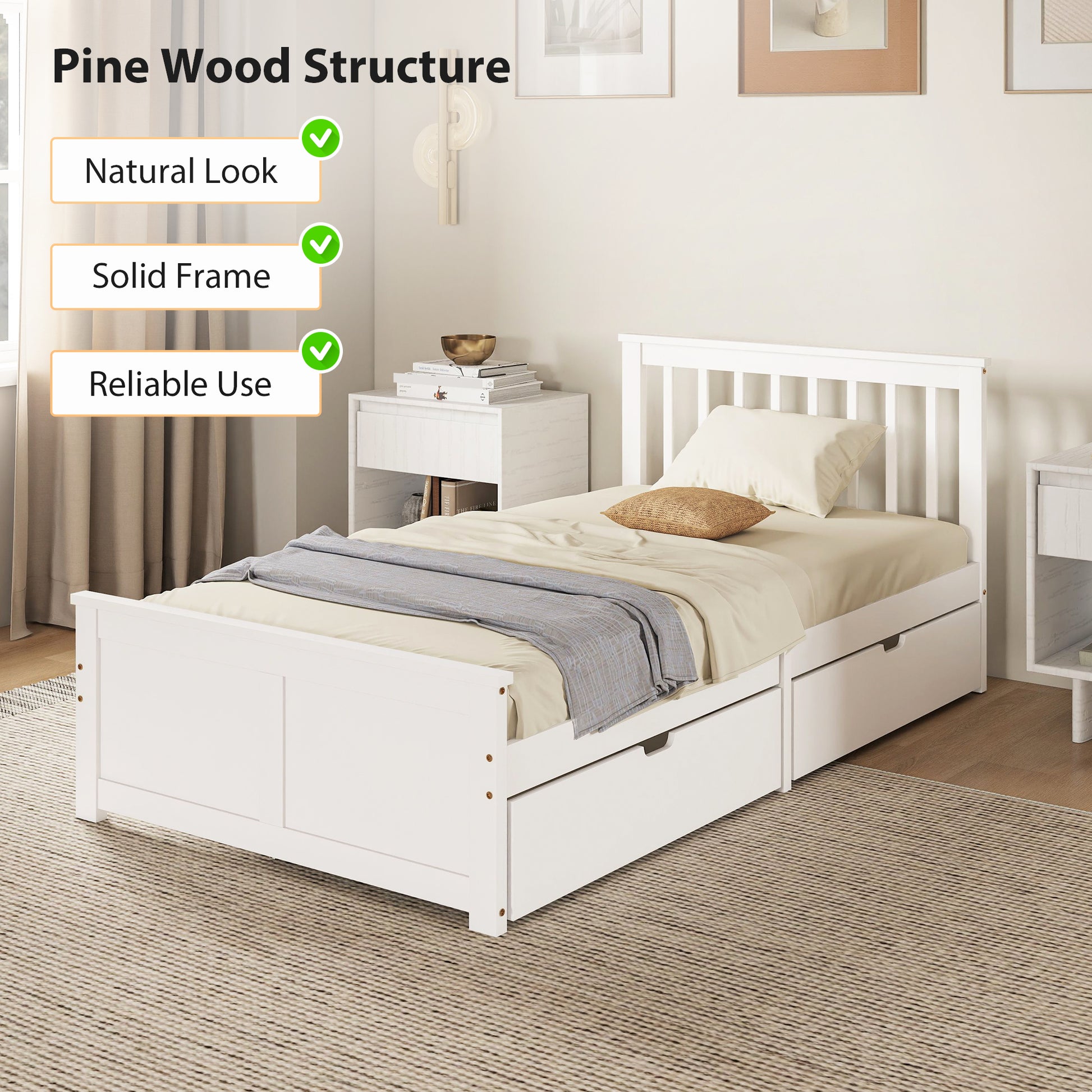 Pine Twin Bed Frame, Storage, No Spring, White, Easy Assembly, Wood Slats-DECOROLALA