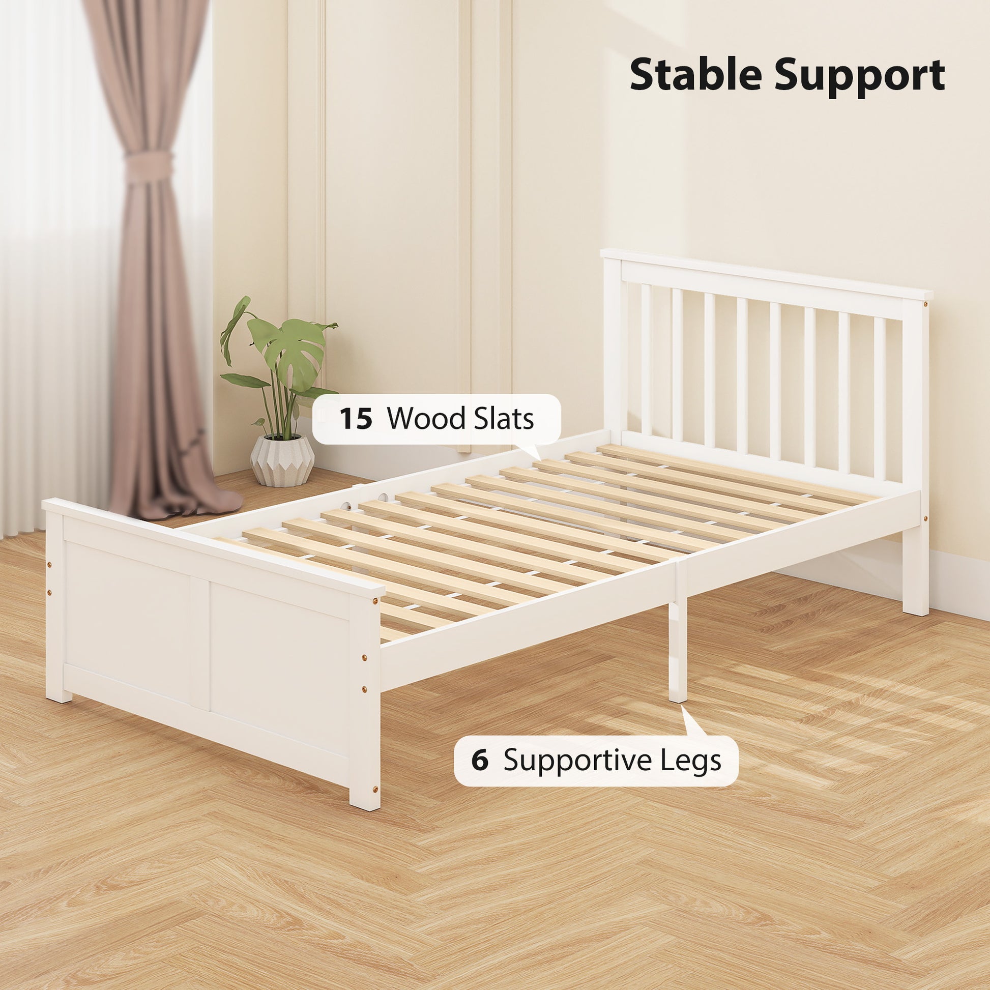Pine Twin Bed Frame, Storage, No Spring, White, Easy Assembly, Wood Slats-DECOROLALA
