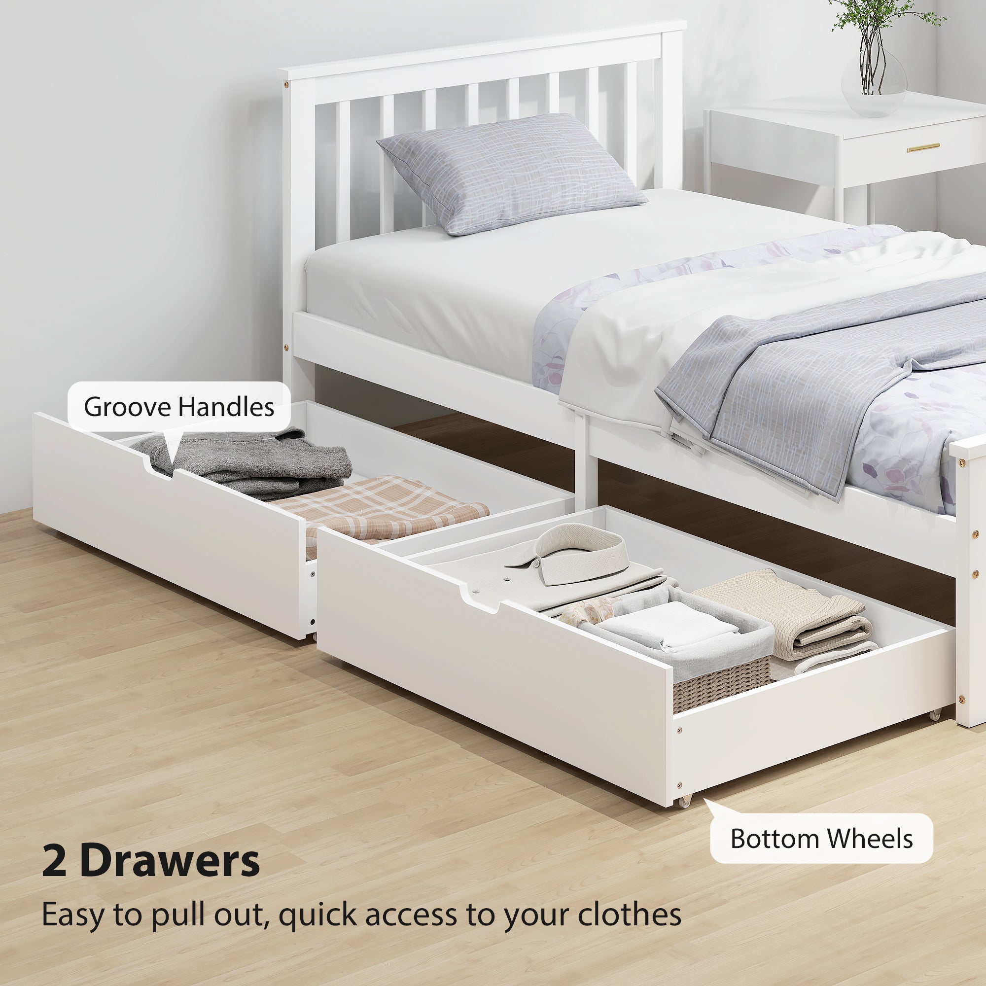Pine Twin Bed Frame, Storage, No Spring, White, Easy Assembly, Wood Slats-DECOROLALA