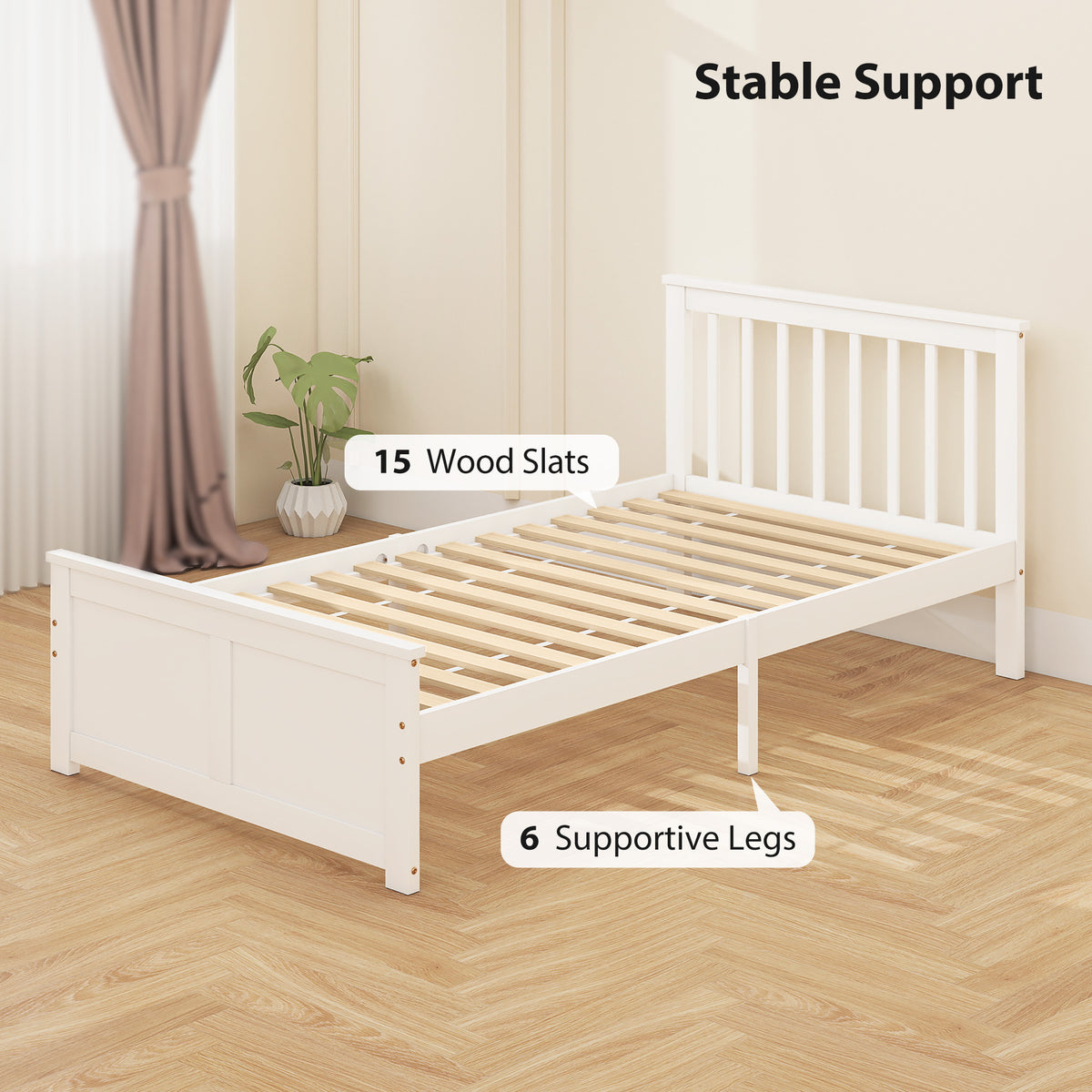 Pine Twin Bed Frame, Storage, No Spring, White, Easy Assembly, Wood Slats-DECOROLALA