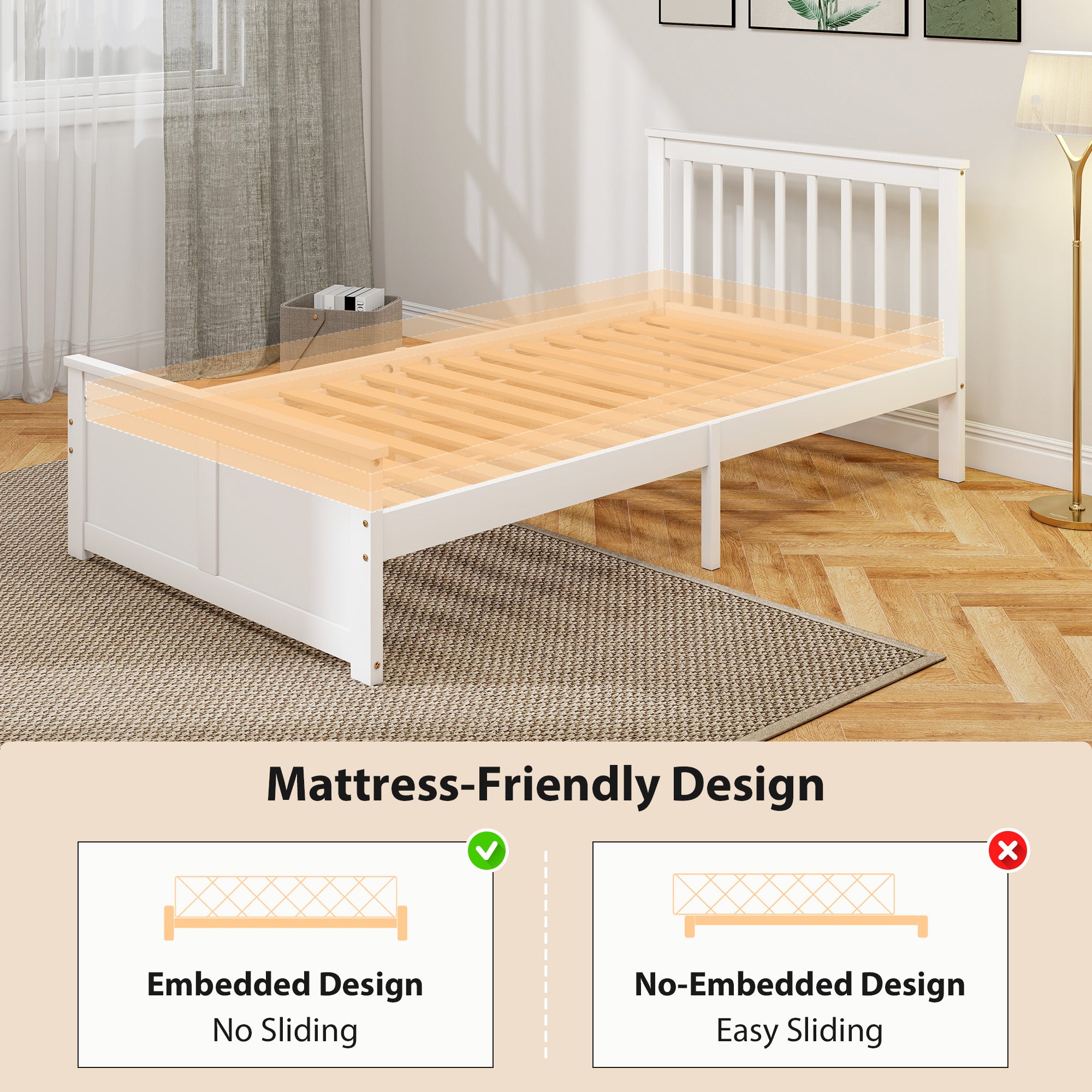 Pine Twin Bed Frame, Storage, No Spring, White, Easy Assembly, Wood Slats-DECOROLALA
