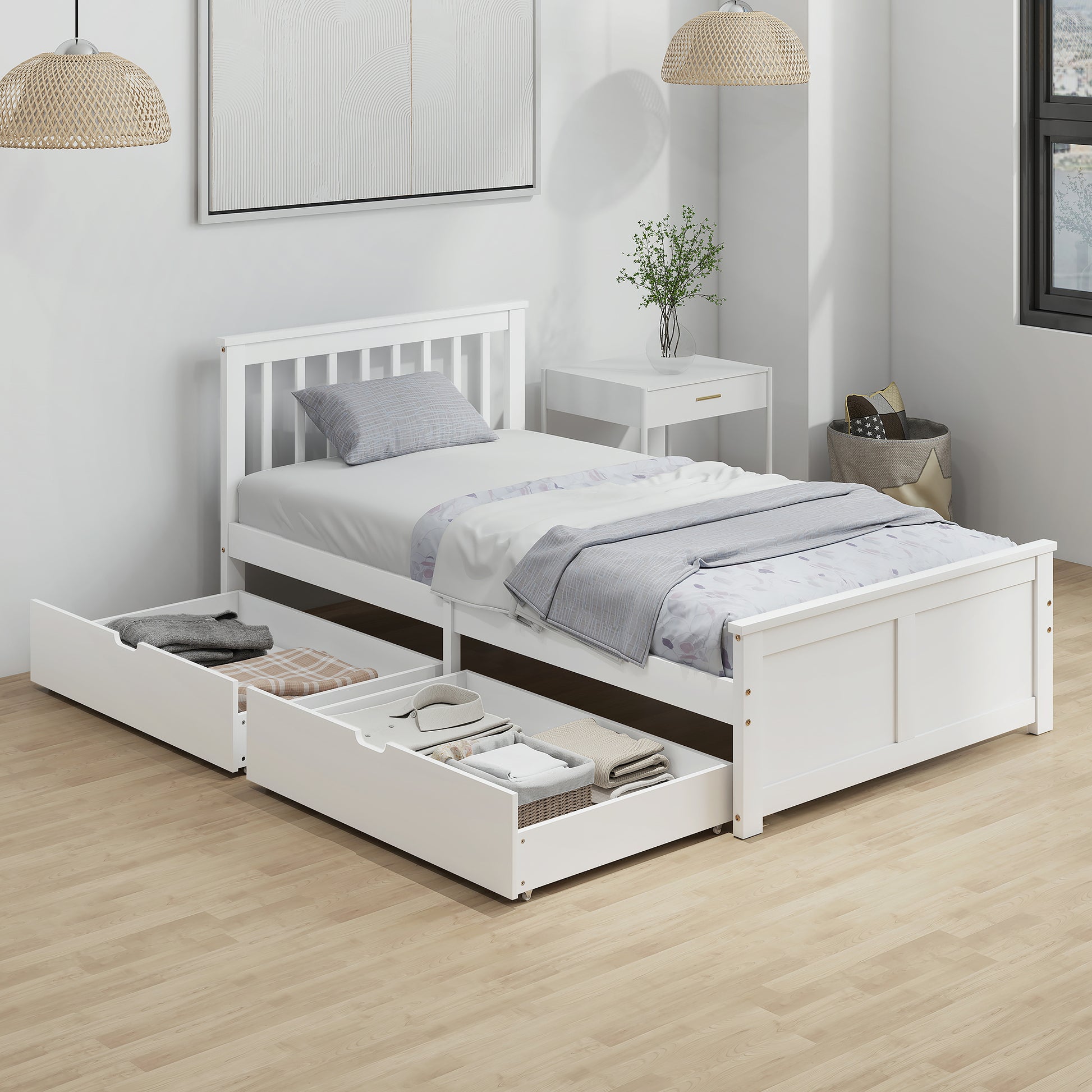 Pine Twin Bed Frame, Storage, No Spring, White, Easy Assembly, Wood Slats-DECOROLALA