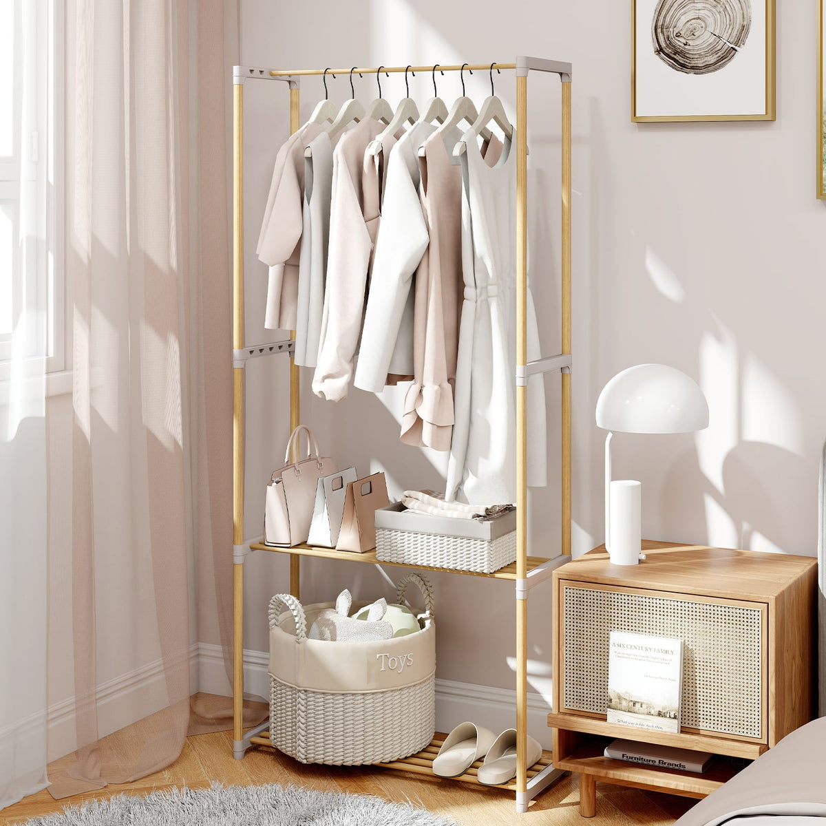 Pine Wood Clothes Rack with 2-Tier Open Storage Shelf for Hanging Clothes-Gray-Clothing & Closet Storage-DECOROLALA