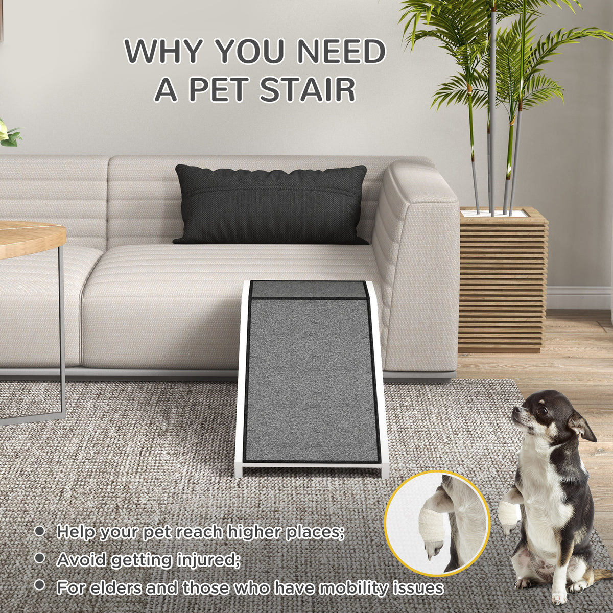 Pine Wood Pet Ramp with Non-slip Carpet - 49"L White Grey-Dogs-DECOROLALA