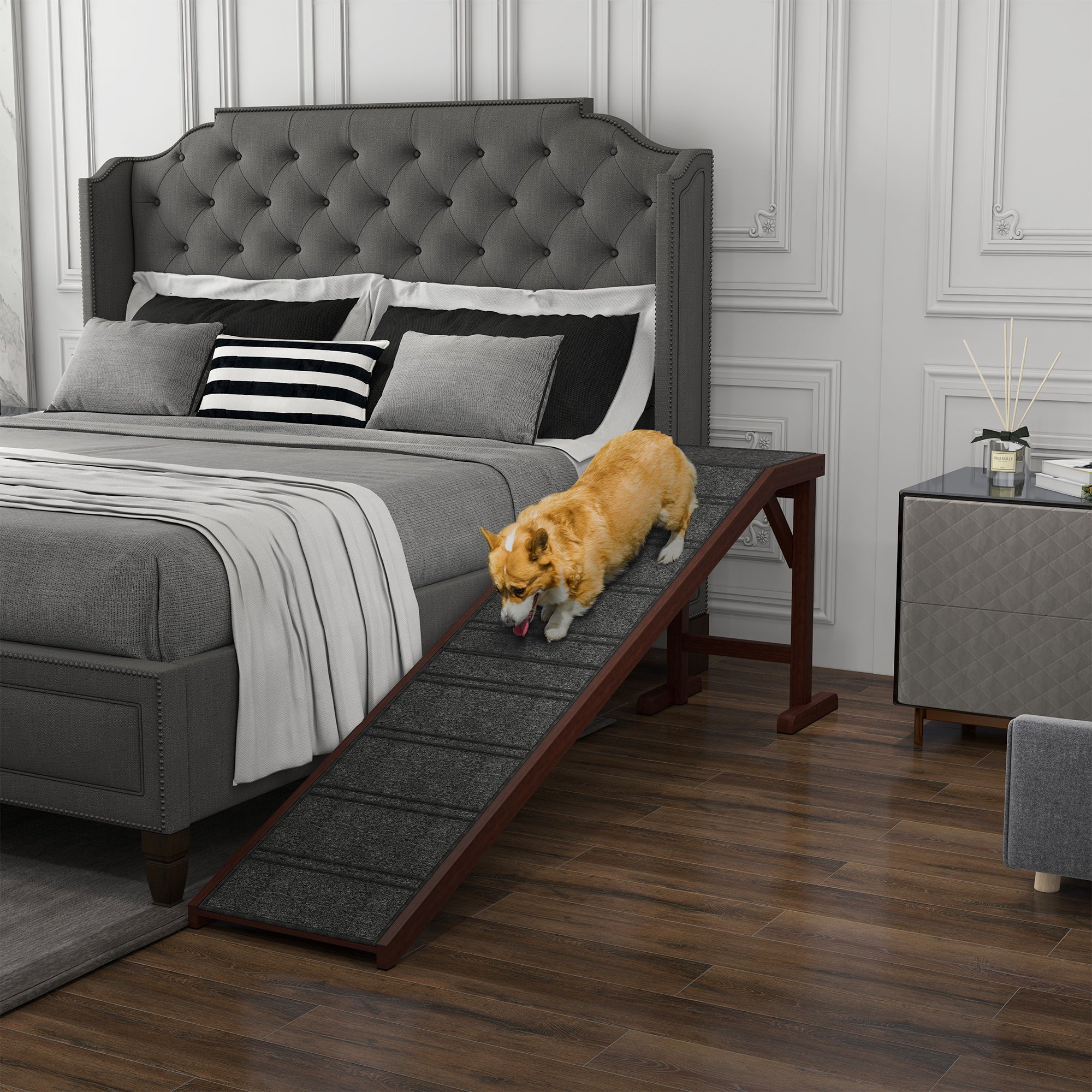 Pine Wood Pet Ramp with Non-slip Carpet - Brown 74"L x 25"H-Dogs-DECOROLALA