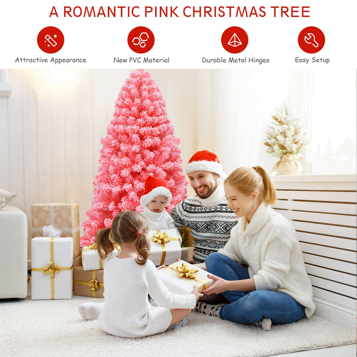 Pink Christmas Tree with Snow Flocked PVC Tips and Metal Stand-6.5 ft-Christmas Trees-DECOROLALA