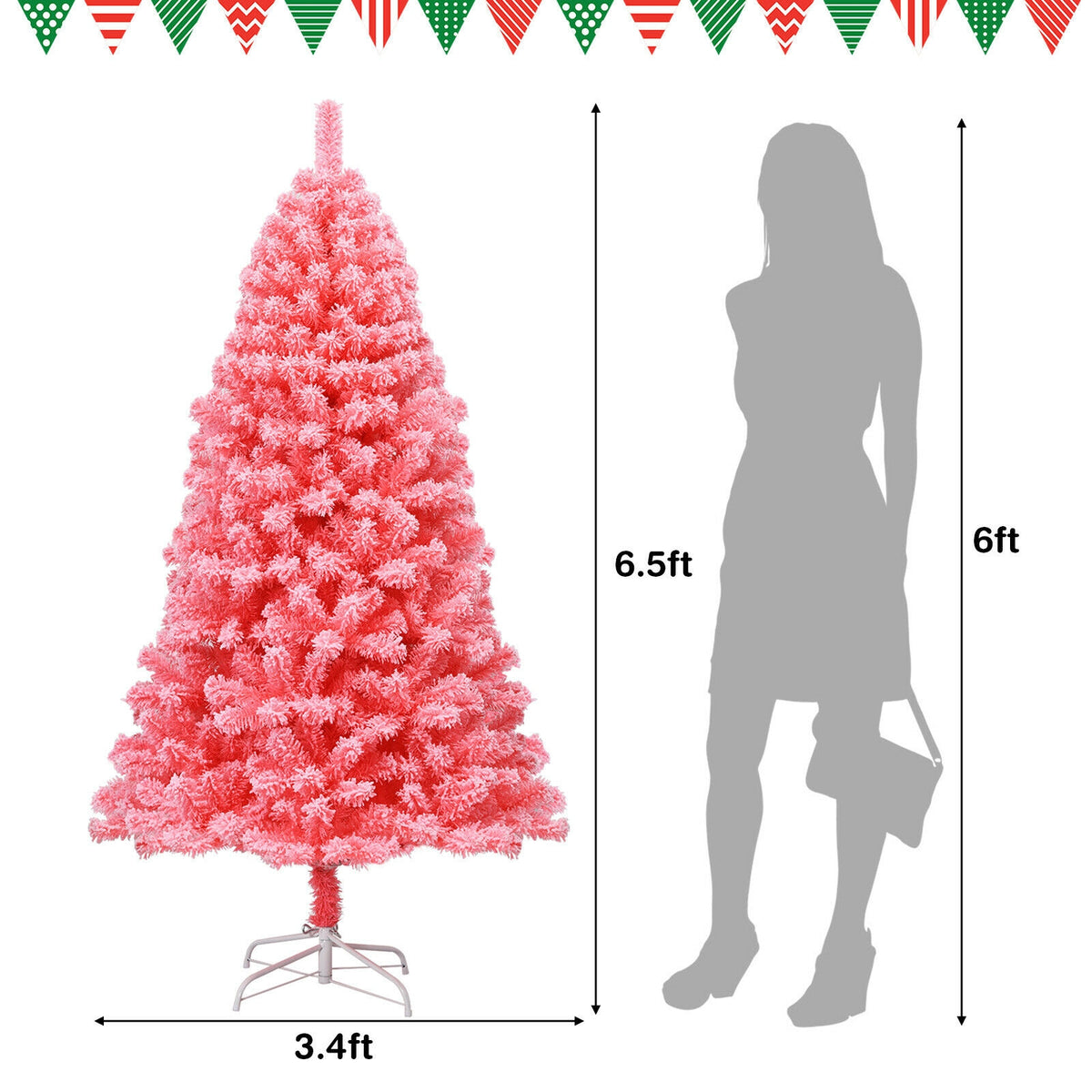 Pink Christmas Tree with Snow Flocked PVC Tips and Metal Stand-6.5 ft-Christmas Trees-DECOROLALA
